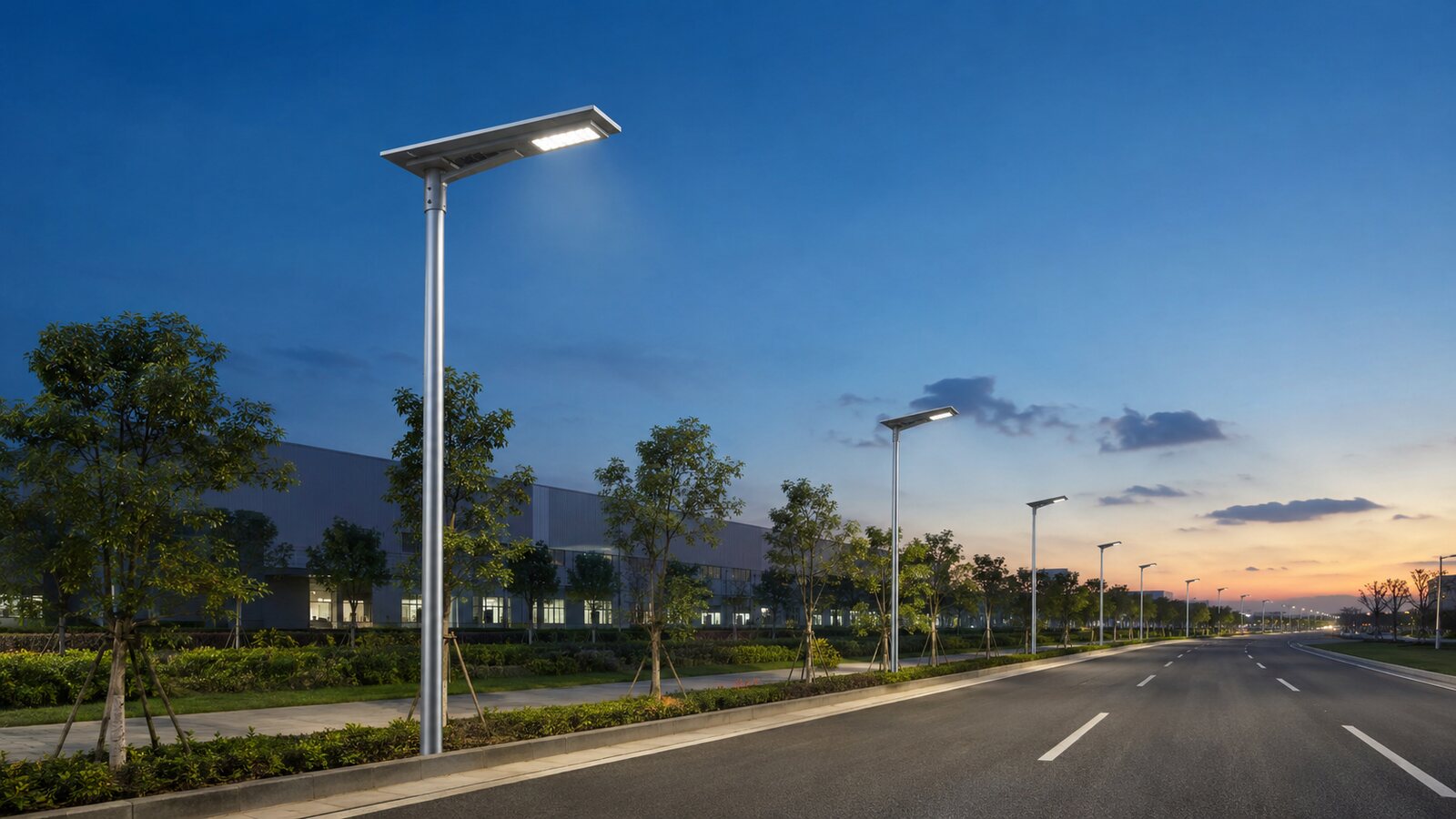 80W all-in-one solar street light on an industrial park road