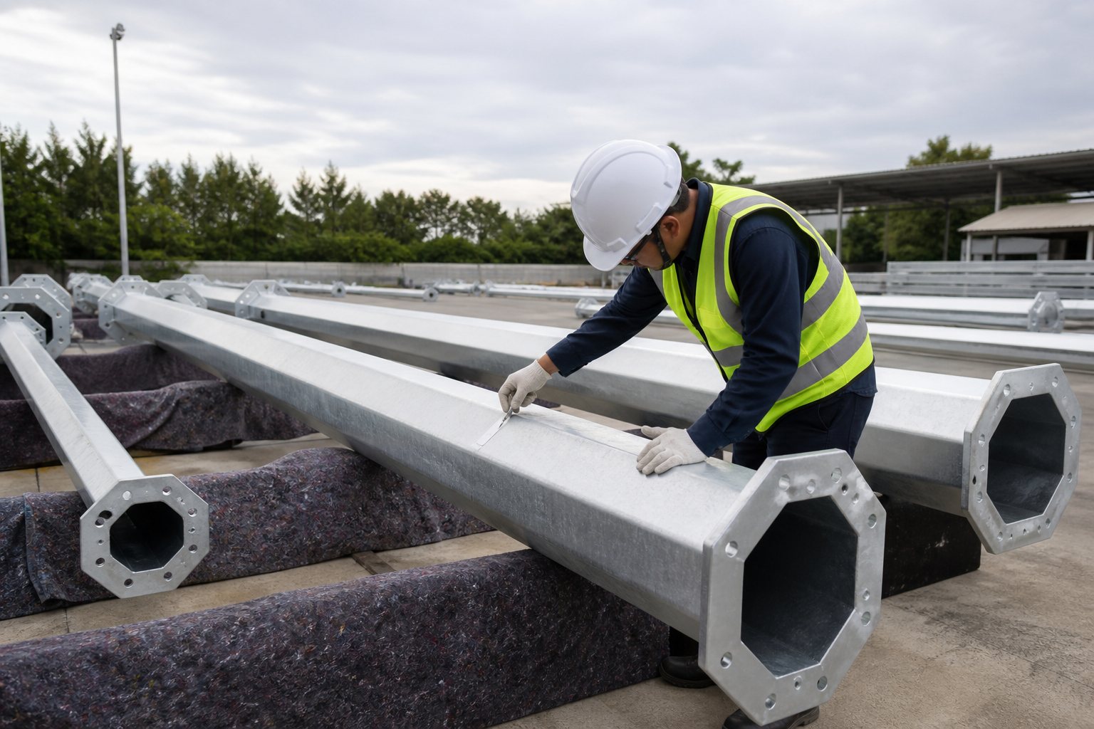 Surface inspection of a supported galvanized polygonal light pole