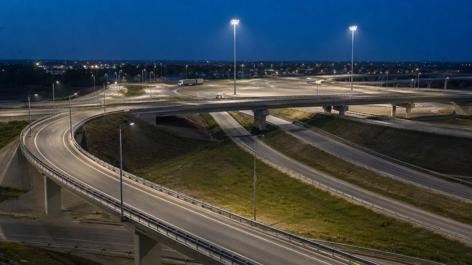 Highway interchange using both roadway street poles and high-mast lighting towers at blue hour