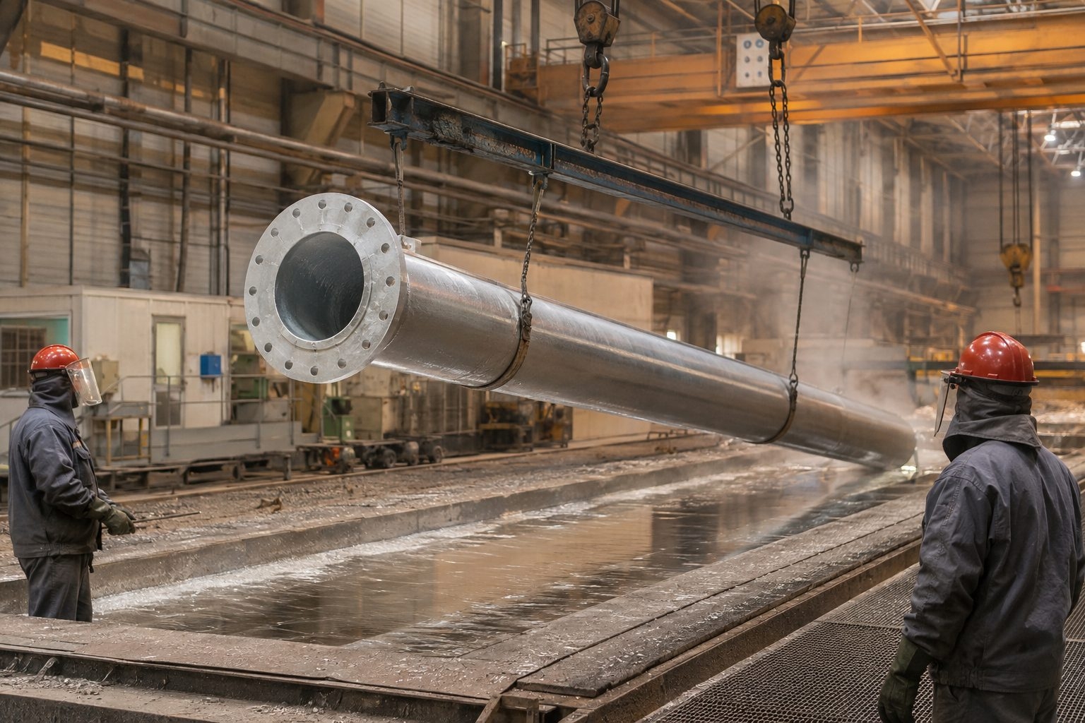 Technician measuring galvanized coating thickness on a steel pole section