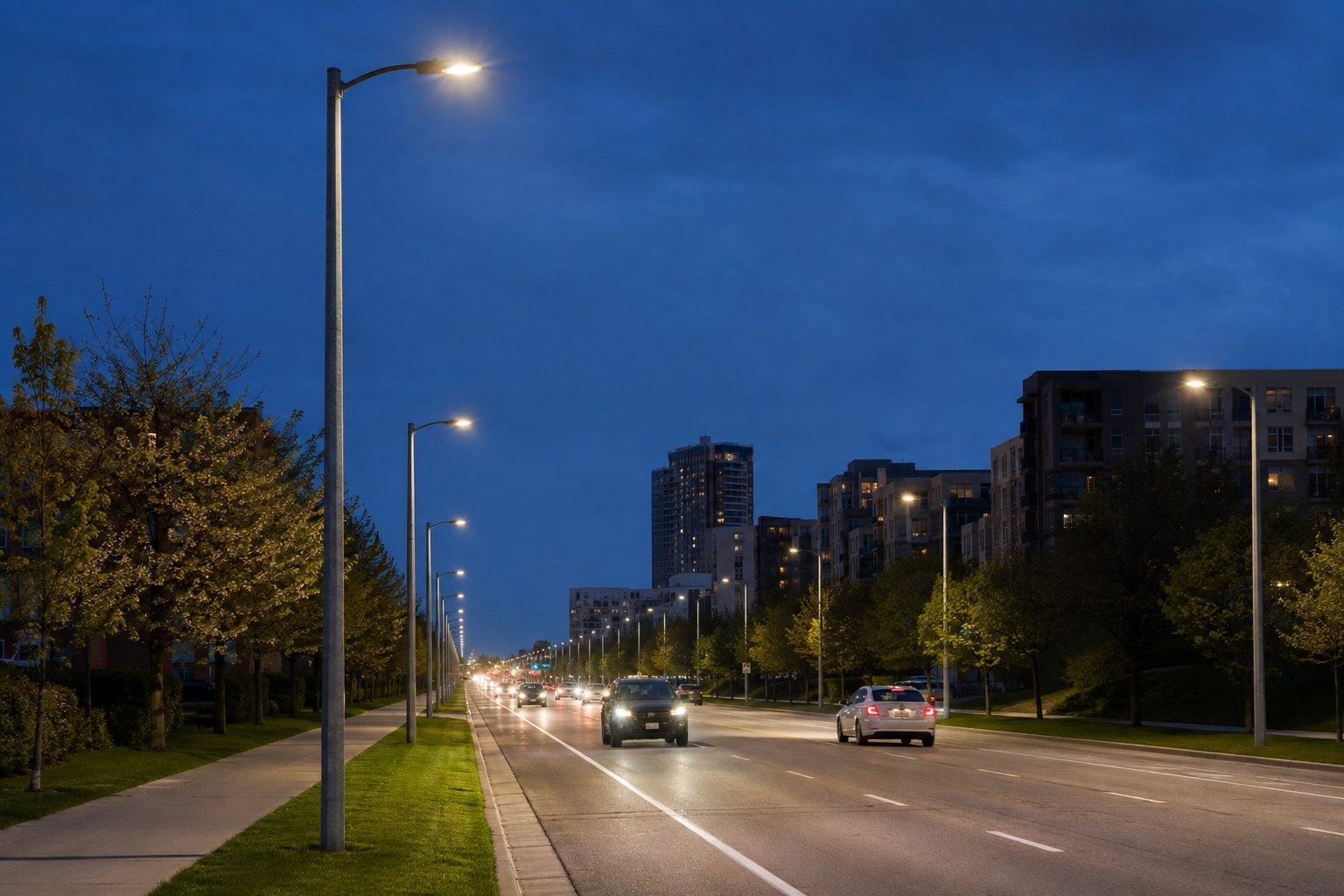 Galvanized street light poles installed along an urban arterial road