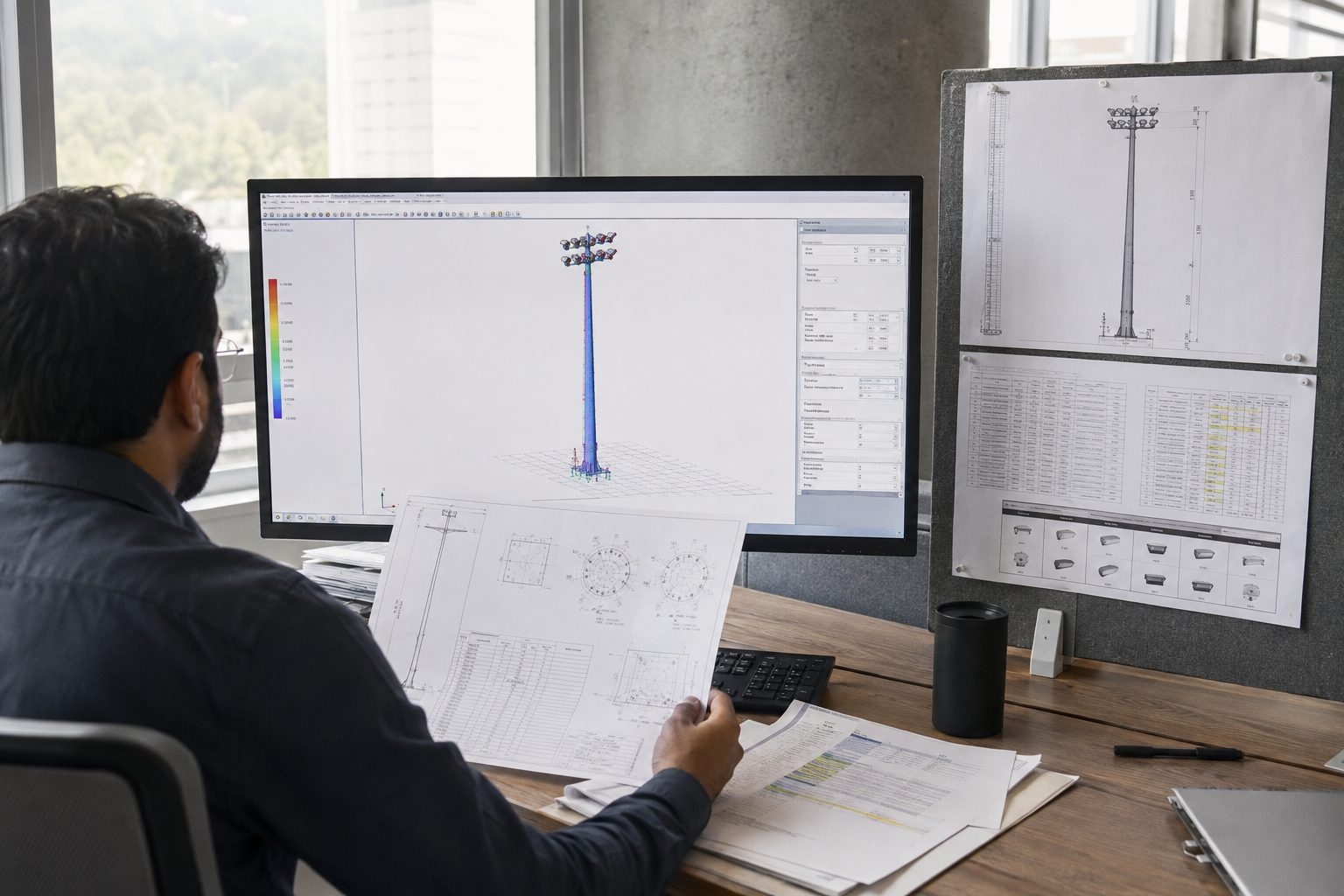 Engineer reviewing a high-mast structural model and drawings; the image does not establish the steel grade.