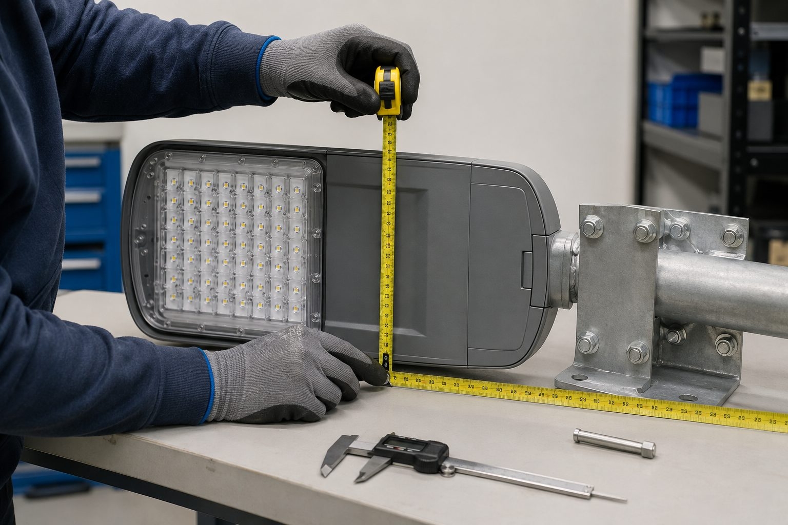 Technician measuring a roadway luminaire to establish effective projected area inputs
