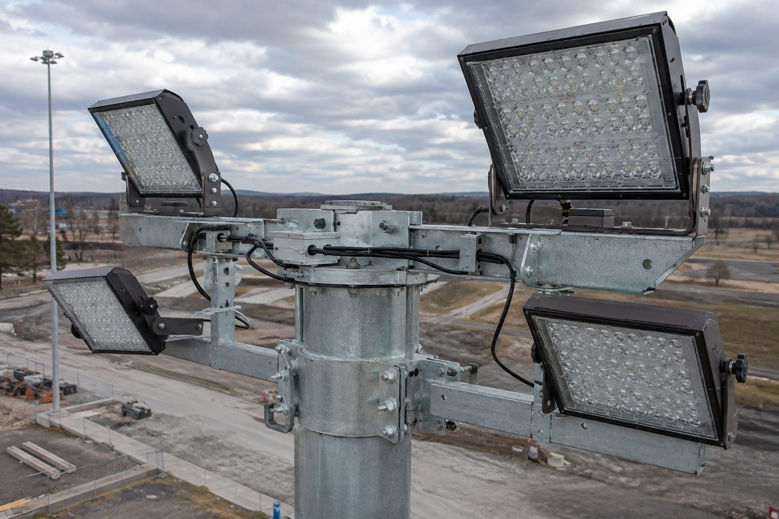 High-mast headframe and luminaire assembly illustrate the configured load, not the steel grade.