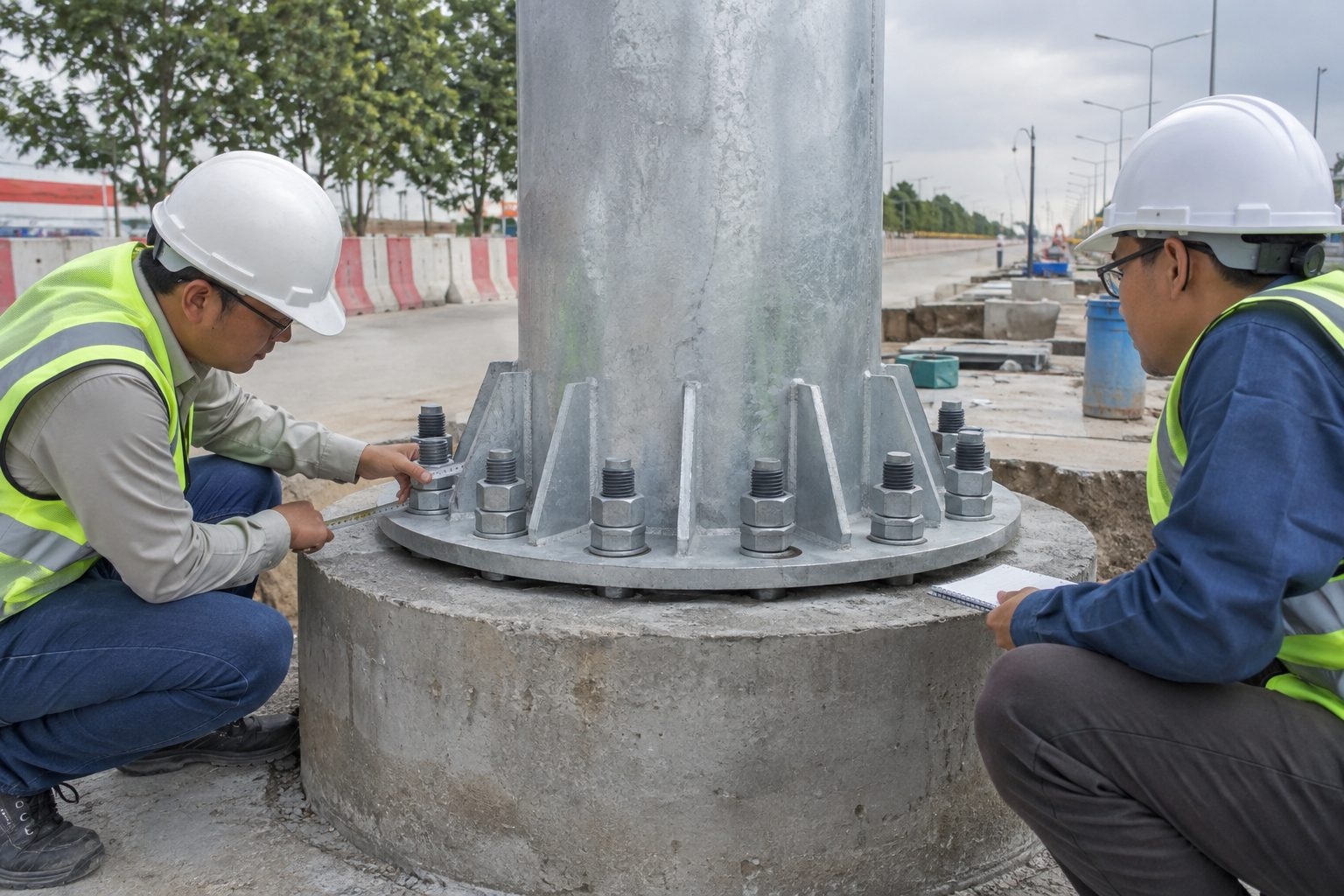 High-mast base plate and anchors require a coordinated structural and foundation design.