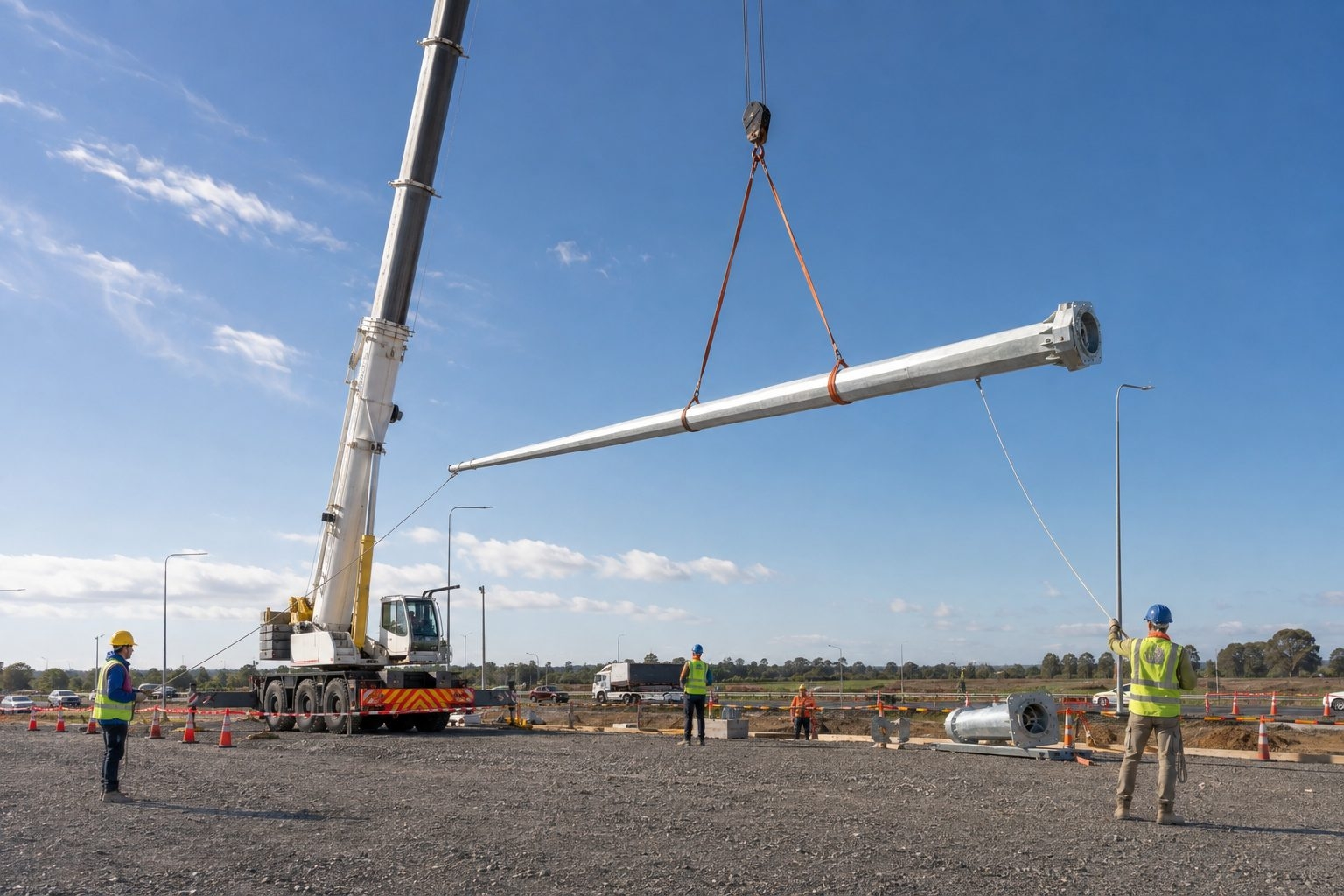 Controlled handling of a mast section illustrates the geometry and installation interface, not material certification.