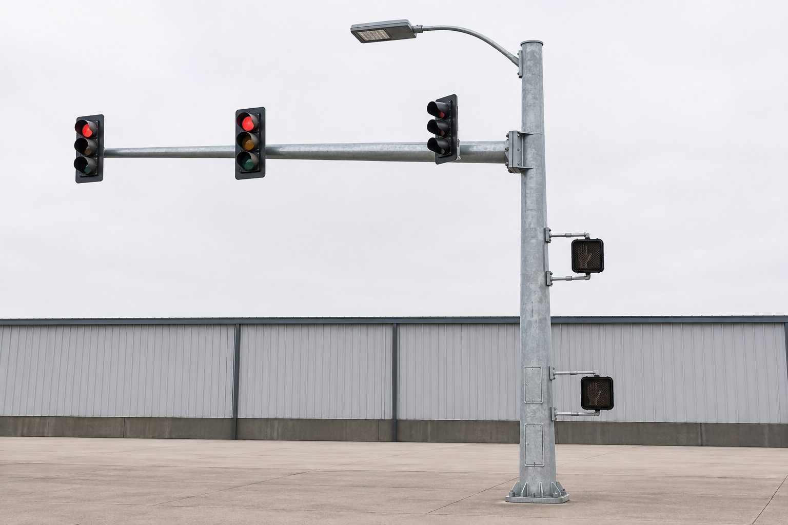 Traffic signal and street lighting combination pole at a modern urban intersection