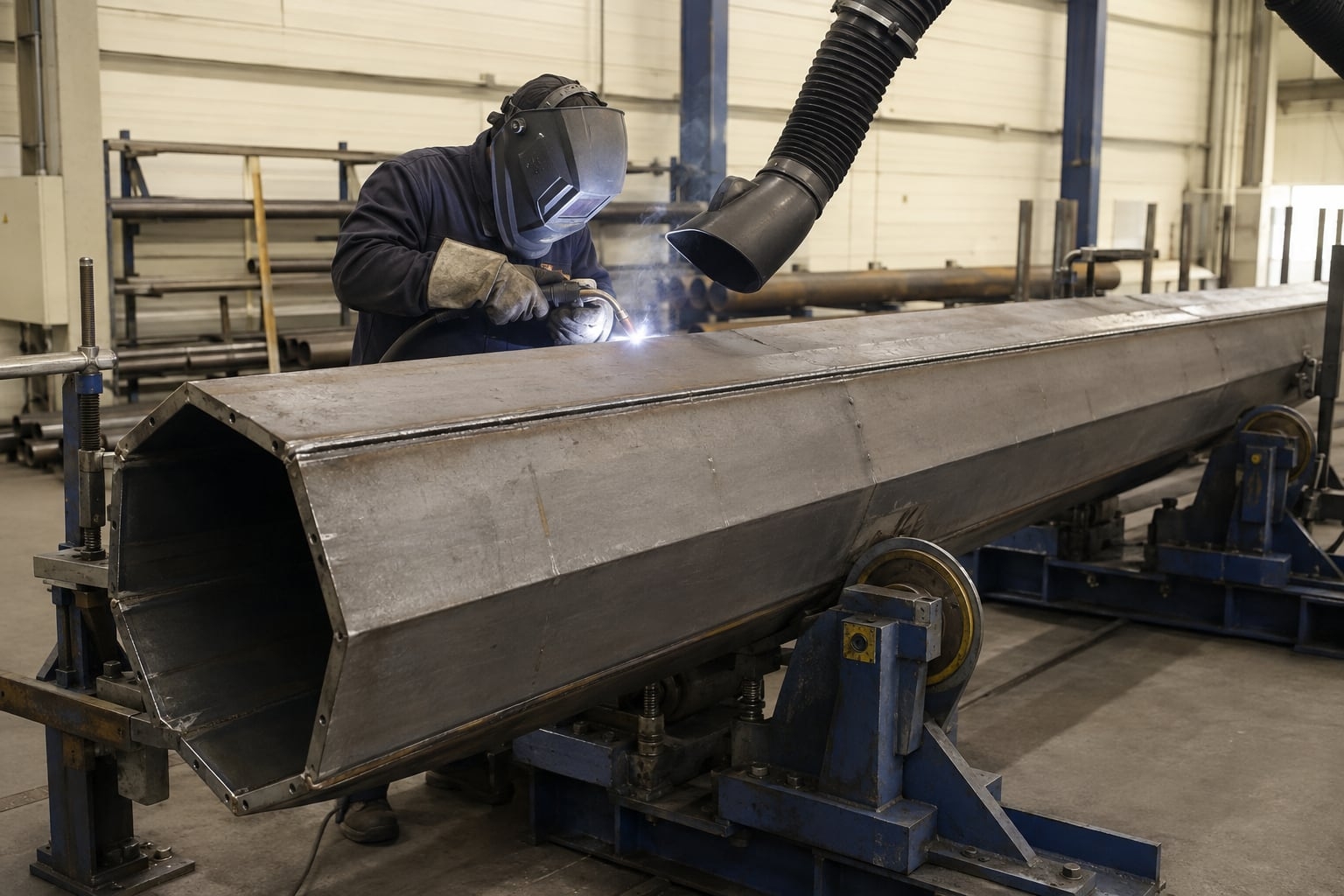 Fabricator welding the longitudinal seam of a tapered traffic signal pole shaft