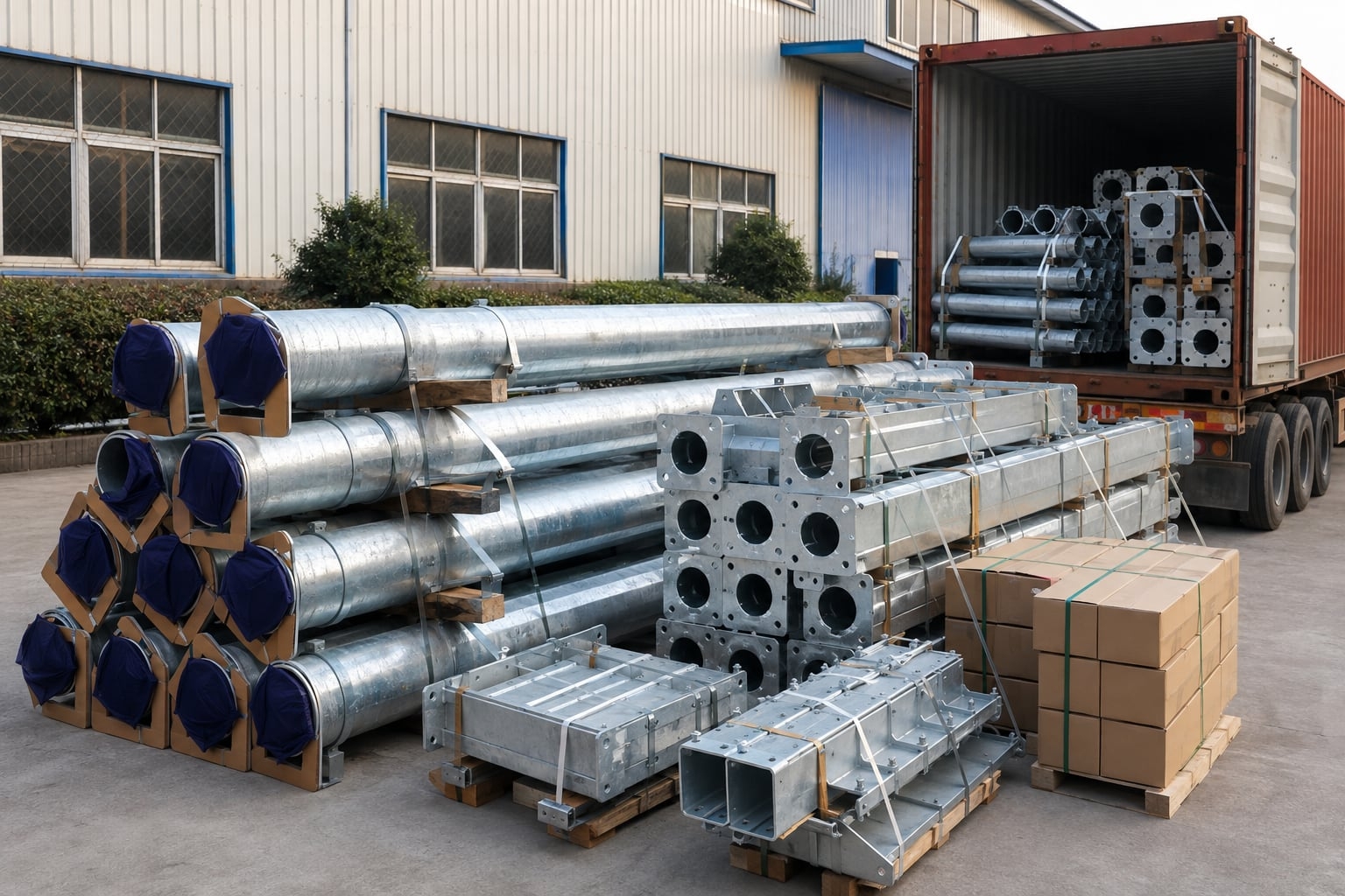 Export bundles of galvanized traffic signal pole shafts mast arms base components and boxed hardware