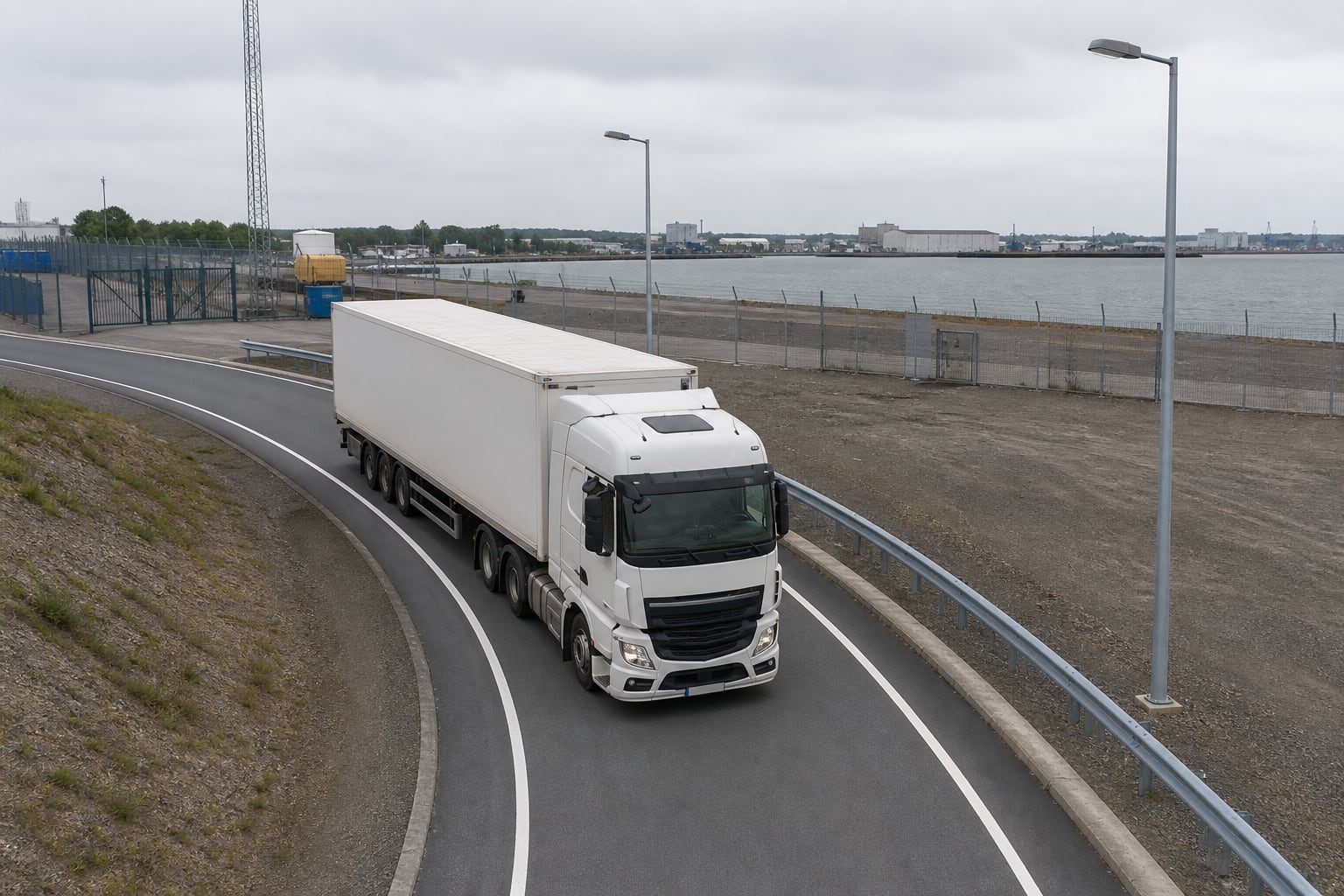 Articulated truck turning within a port entrance while lighting poles remain outside its swept path