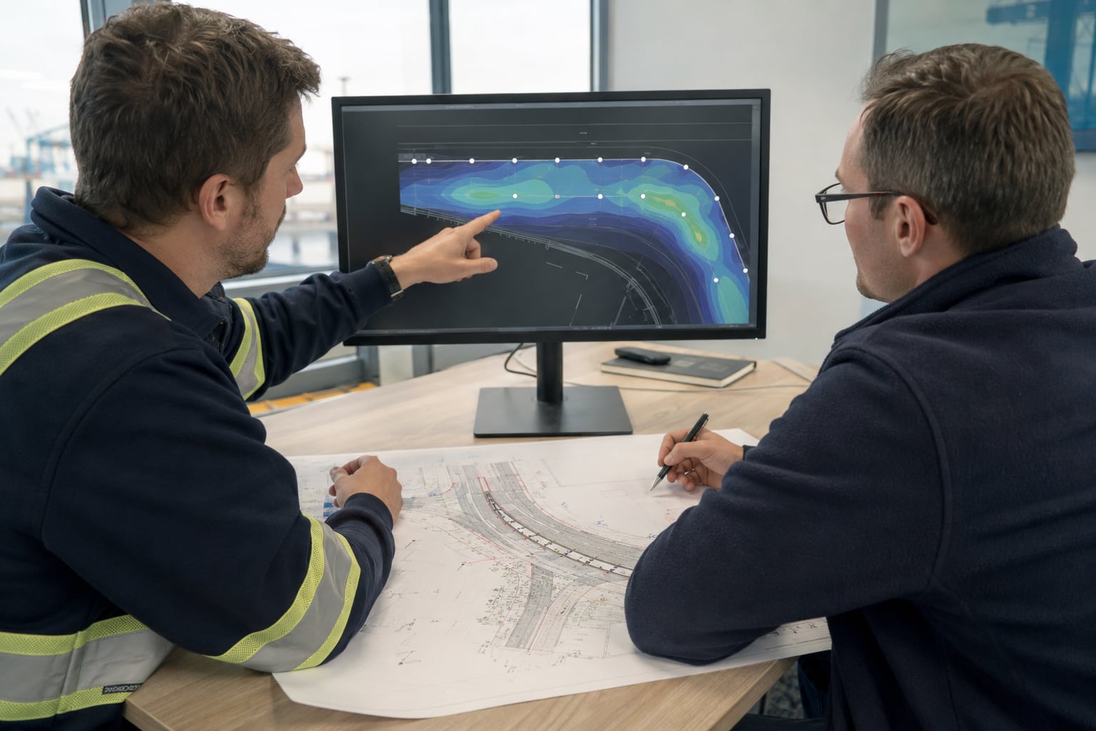 Engineers reviewing photometric contours and pole positions for a port access road