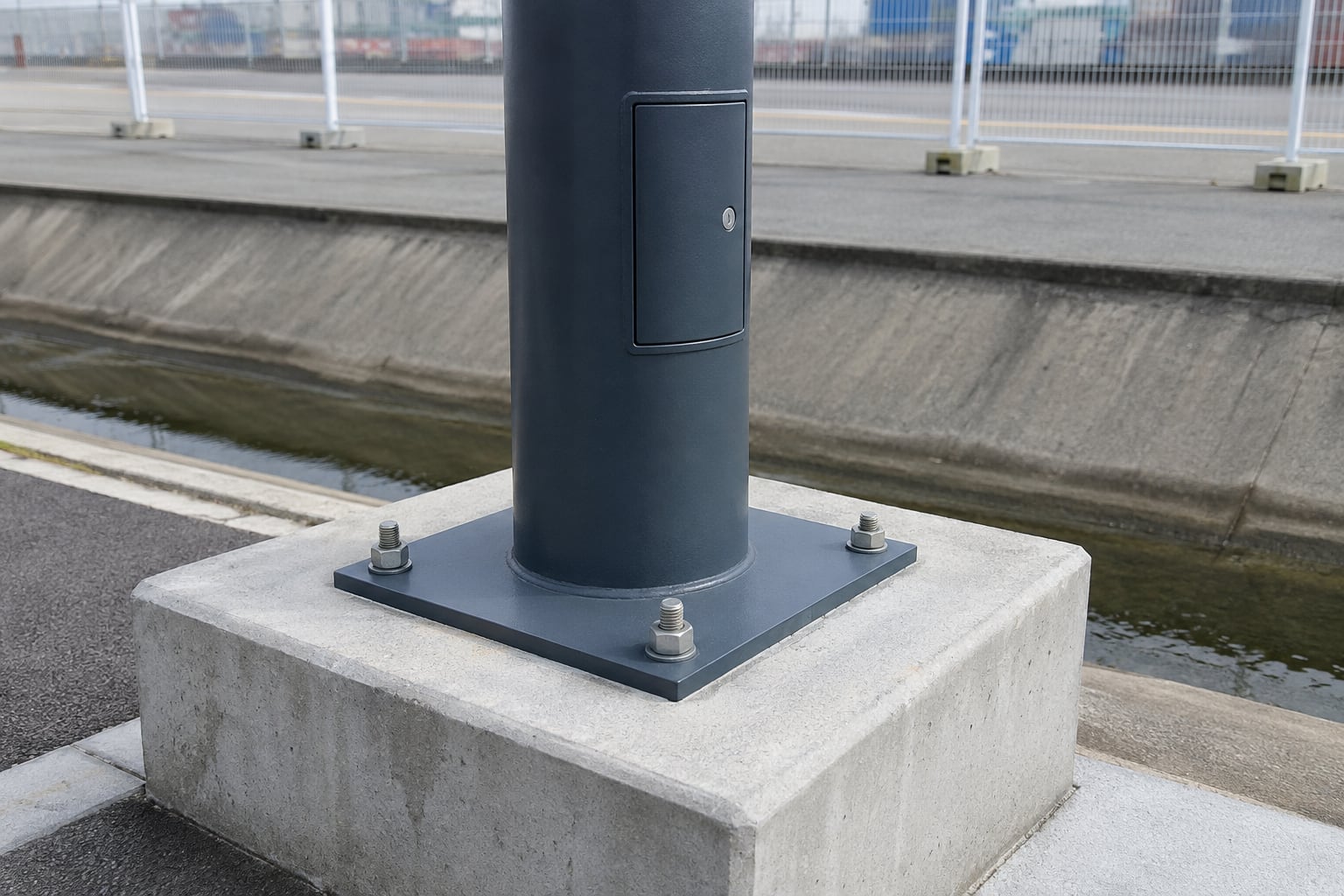 Coastal lighting pole base and anchor bolts on a raised concrete plinth beside roadside drainage