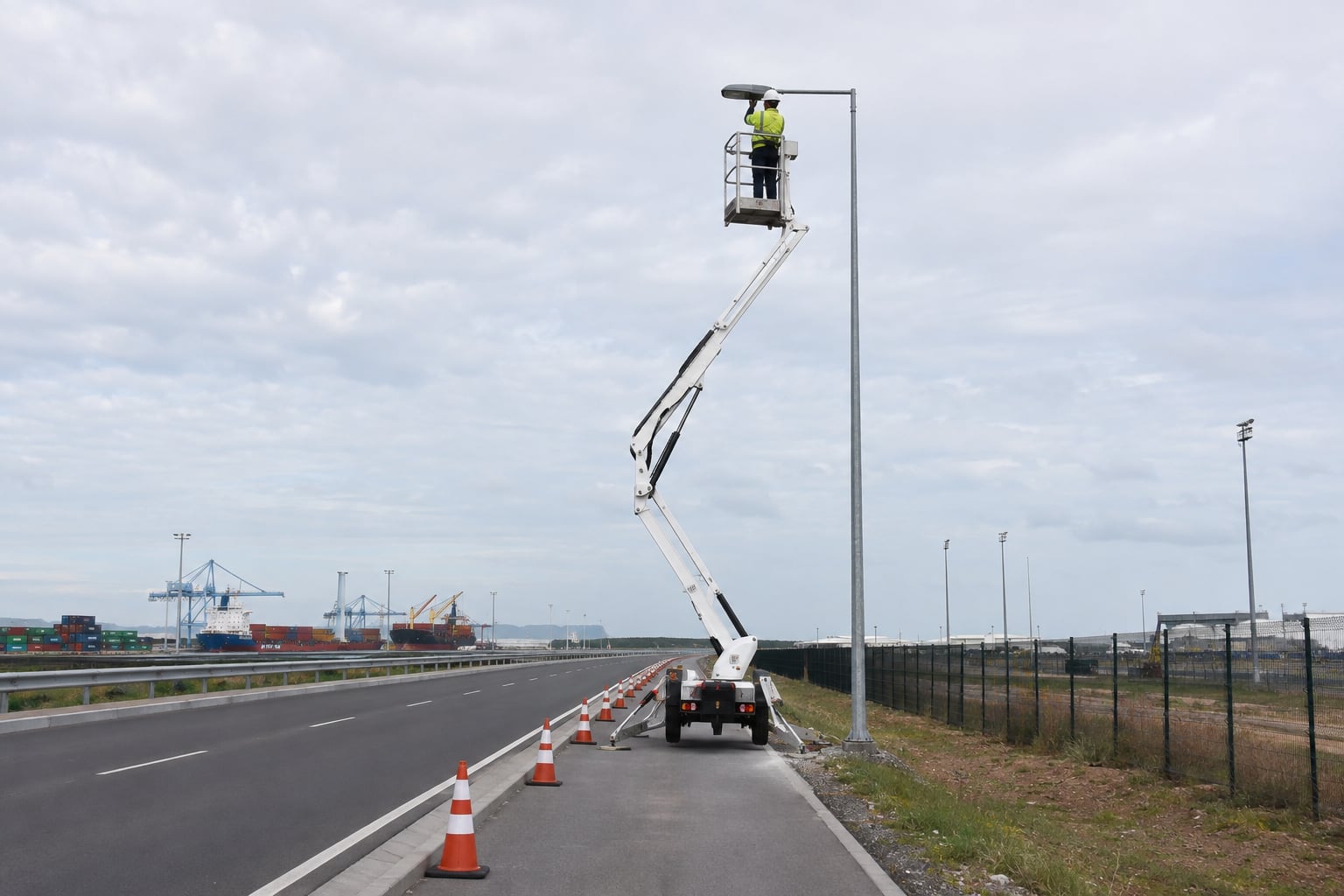 Technician inspecting a port road luminaire from a protected elevated maintenance platform