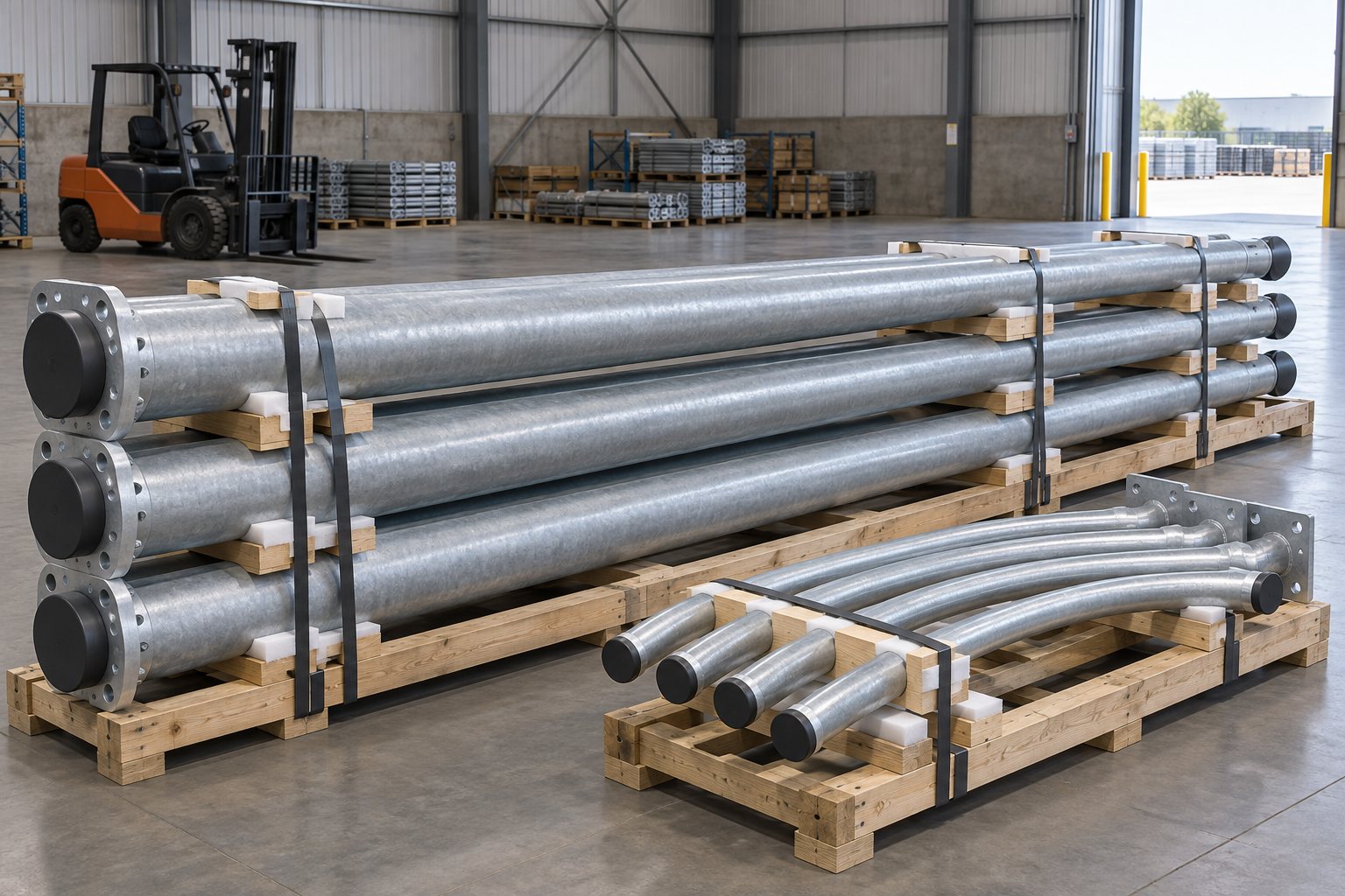 Padded galvanized shafts and separate arms held off the floor on timber supports indoors.