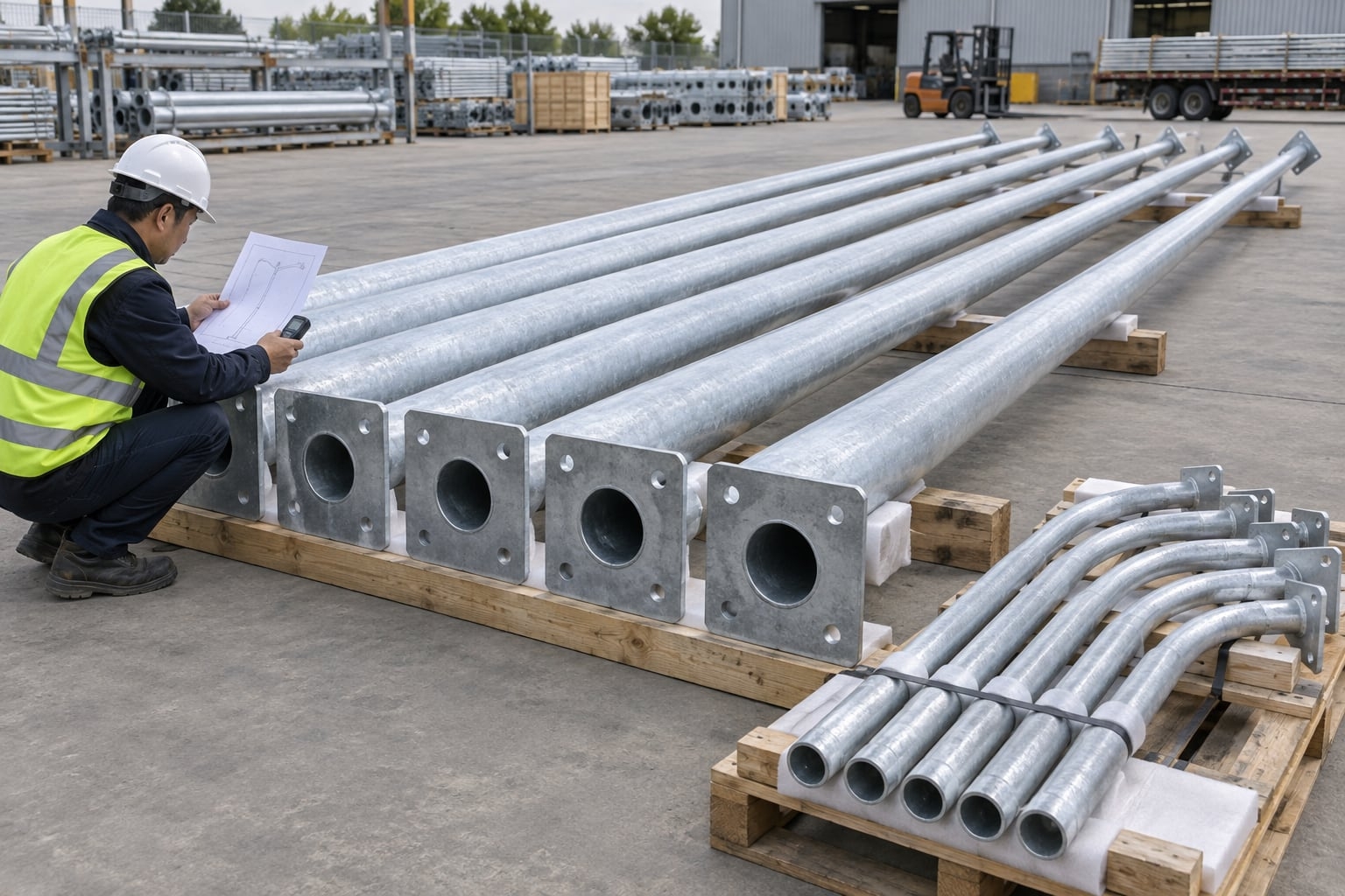 Pre-shipment inspection of galvanized pole shafts and separate arms