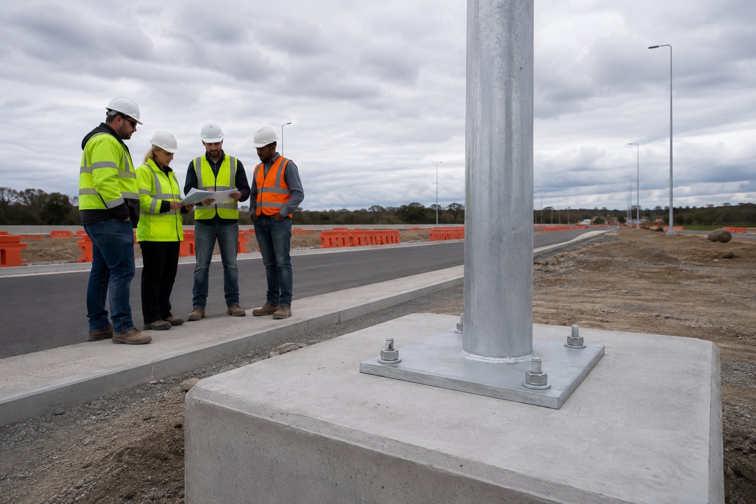 Street light pole foundation with square base plate and four anchor bolts at a roadwork site
