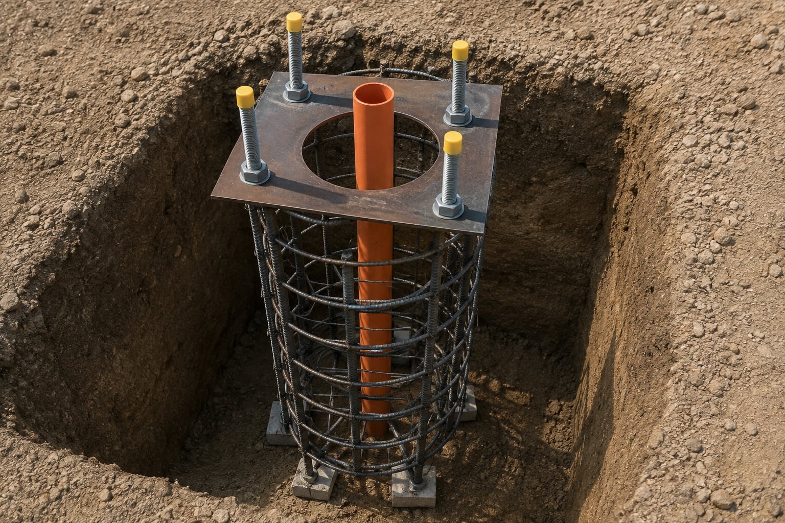Street light foundation reinforcement cage with four anchor bolts and centered orange conduit