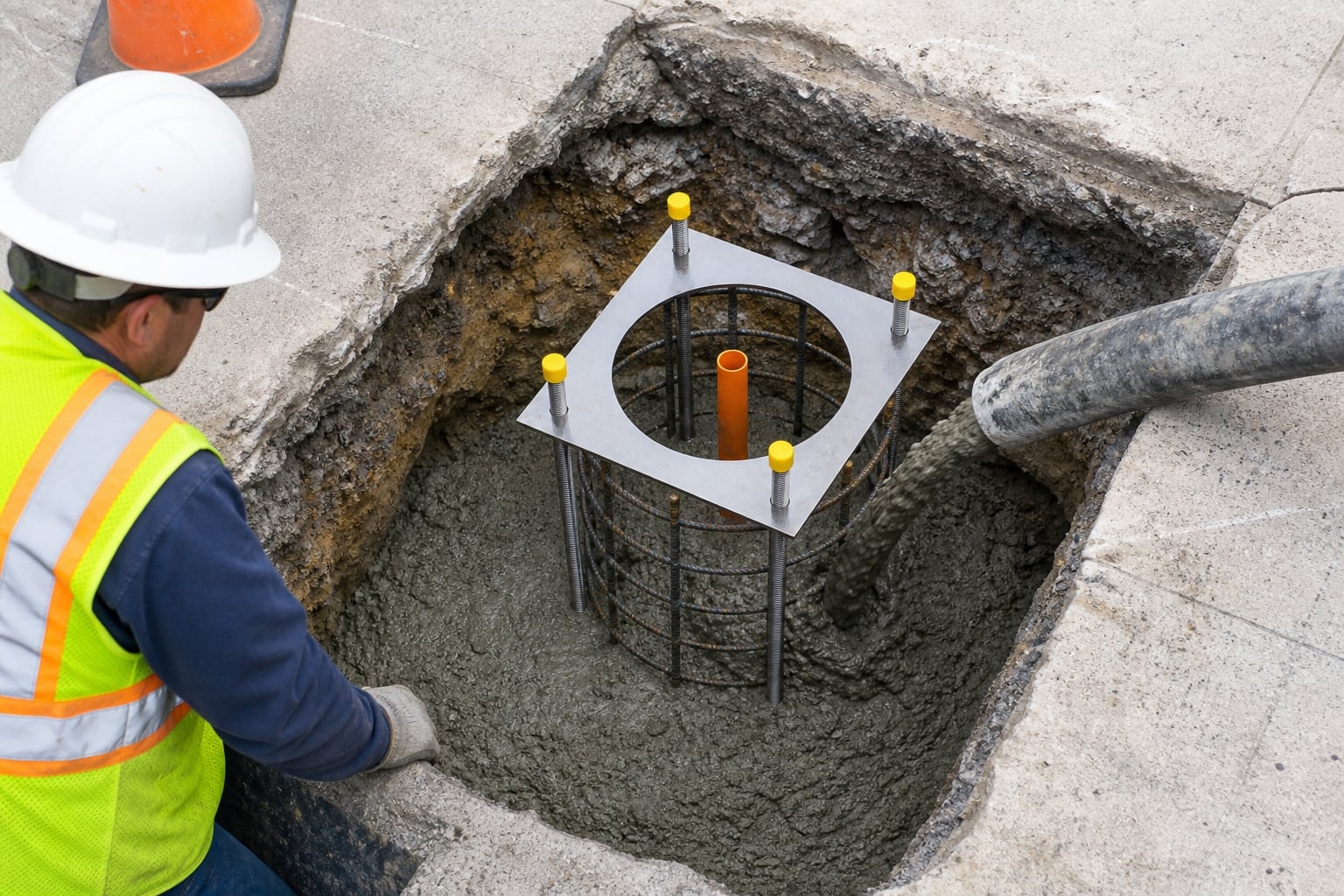 Concrete being placed around a four-bolt street light foundation cage with centered conduit