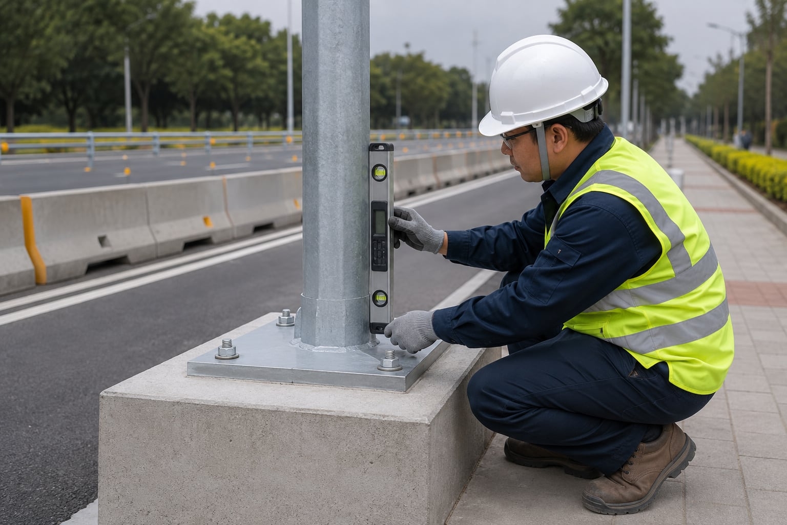 Technician checking plumb at an installed galvanized street light pole base with four anchors