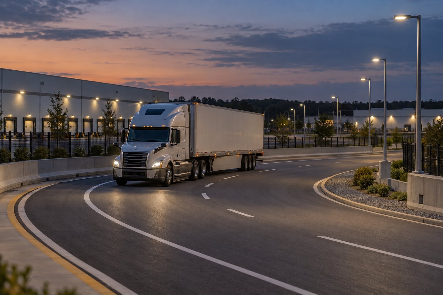 Industrial truck following a curved logistics road with straight light poles outside the vehicle path