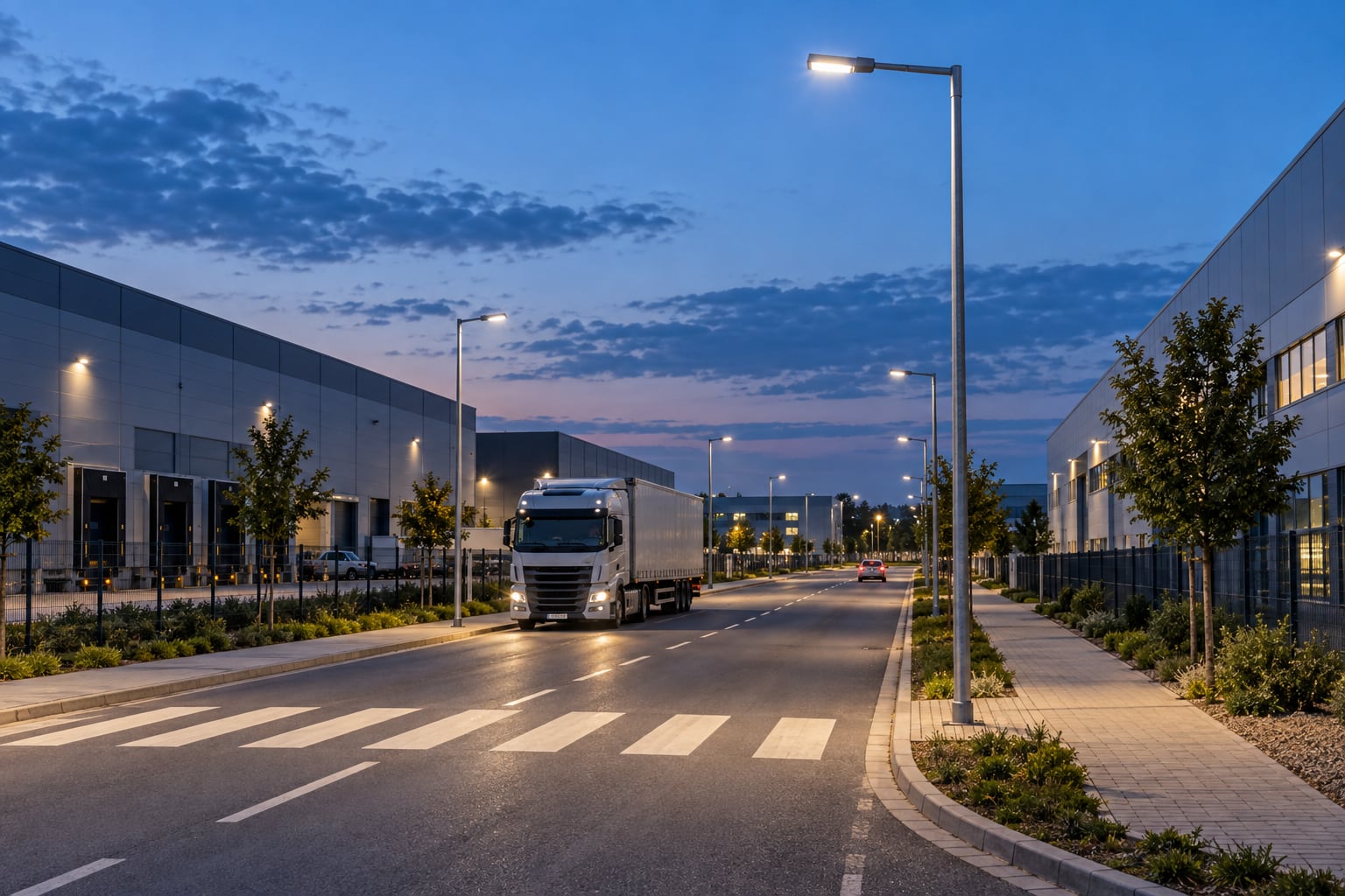Industrial park access road with straight galvanized light poles, truck lane and pedestrian crossing