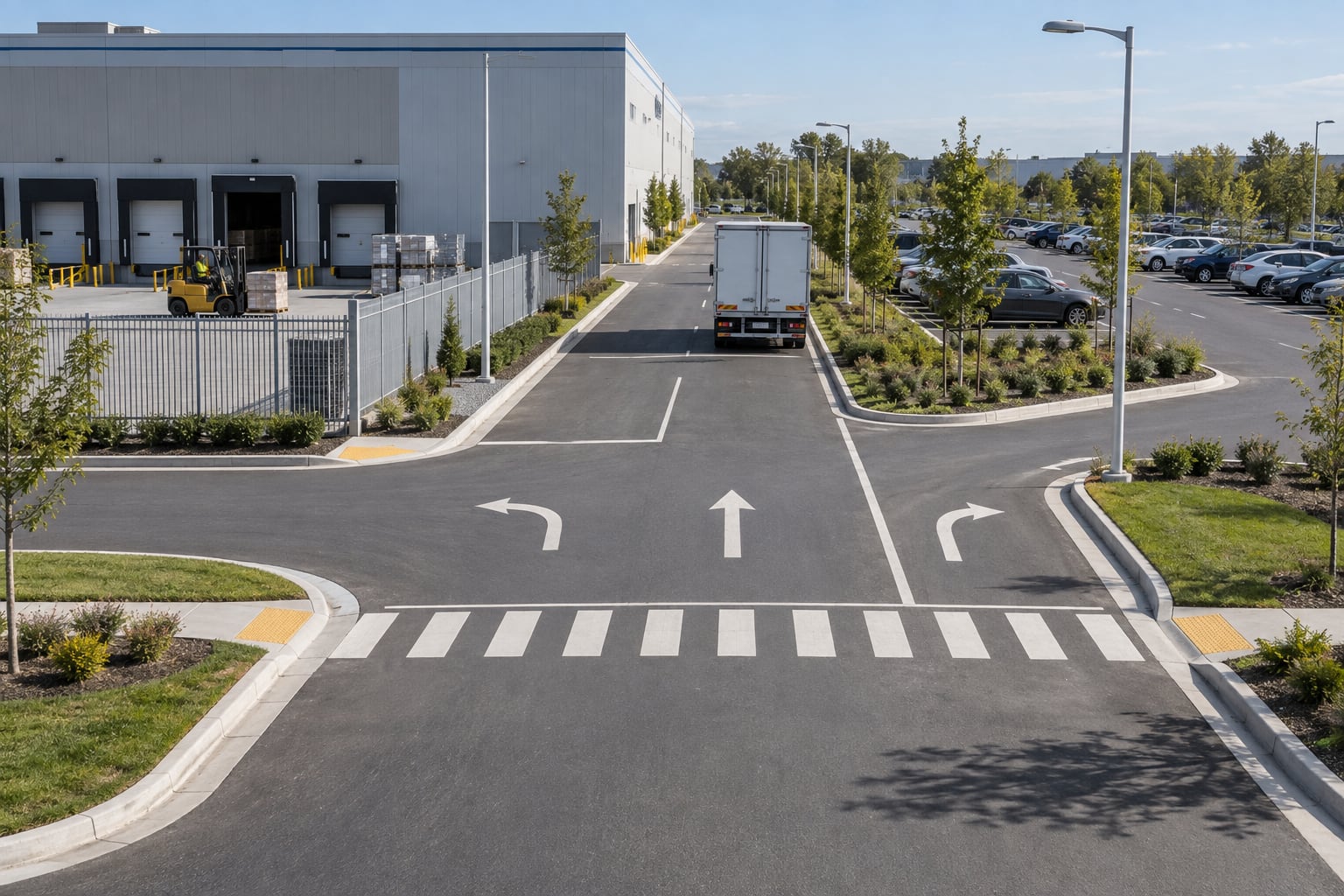 Industrial campus junction connecting truck access, loading zone and staff parking with poles outside turn paths