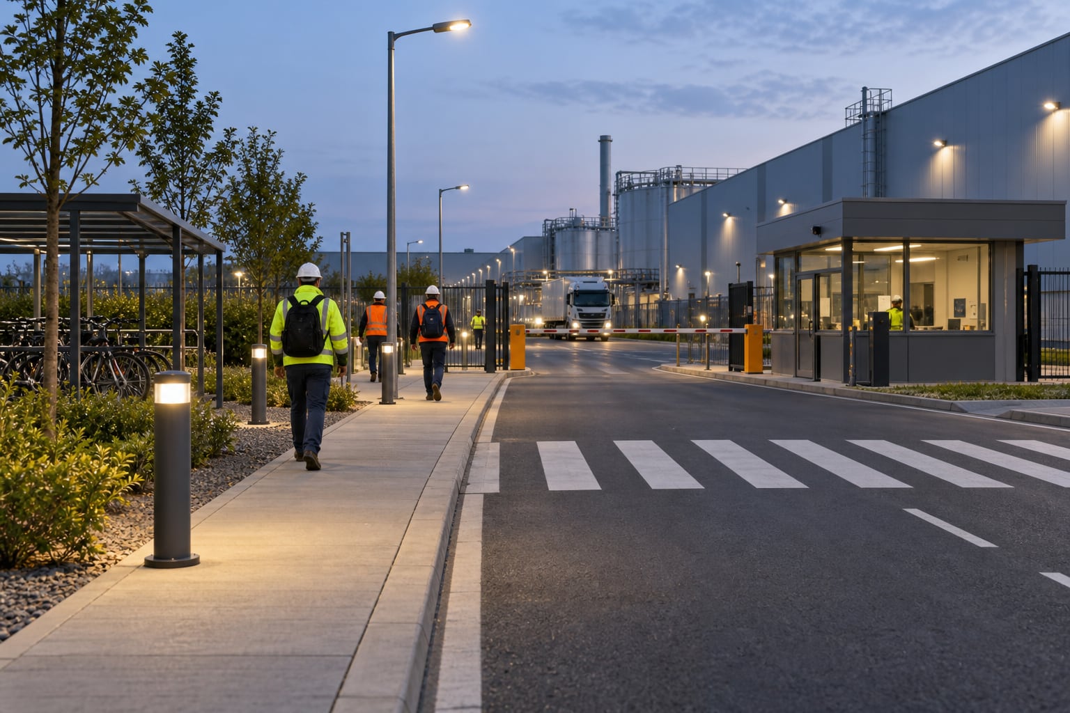 Industrial guardhouse and pedestrian route lit beside an access road