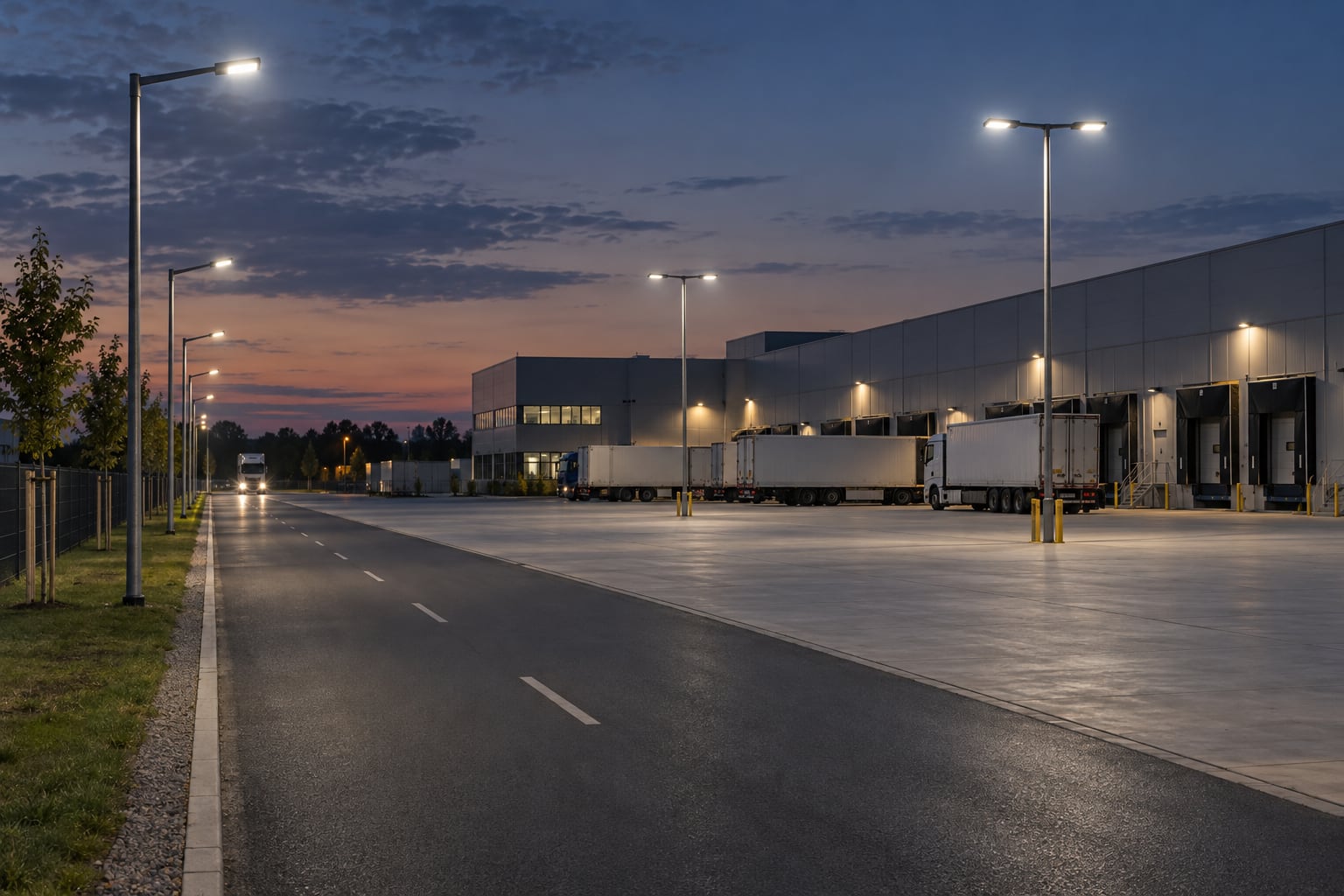Factory road with single-arm poles transitioning to twin-fixture lighting poles in a loading apron