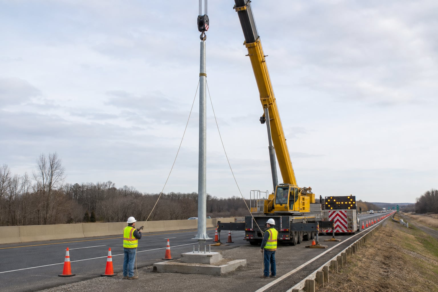 Straight tall highway lighting pole shaft being erected by crane with tag lines