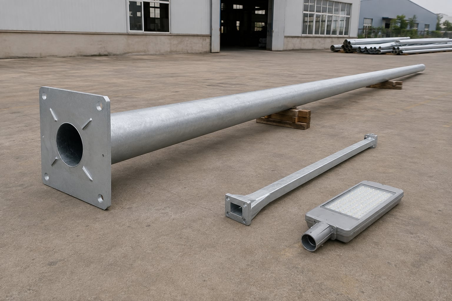 Straight tapered 15m galvanized lighting pole shaft with separate highway arm and luminaire