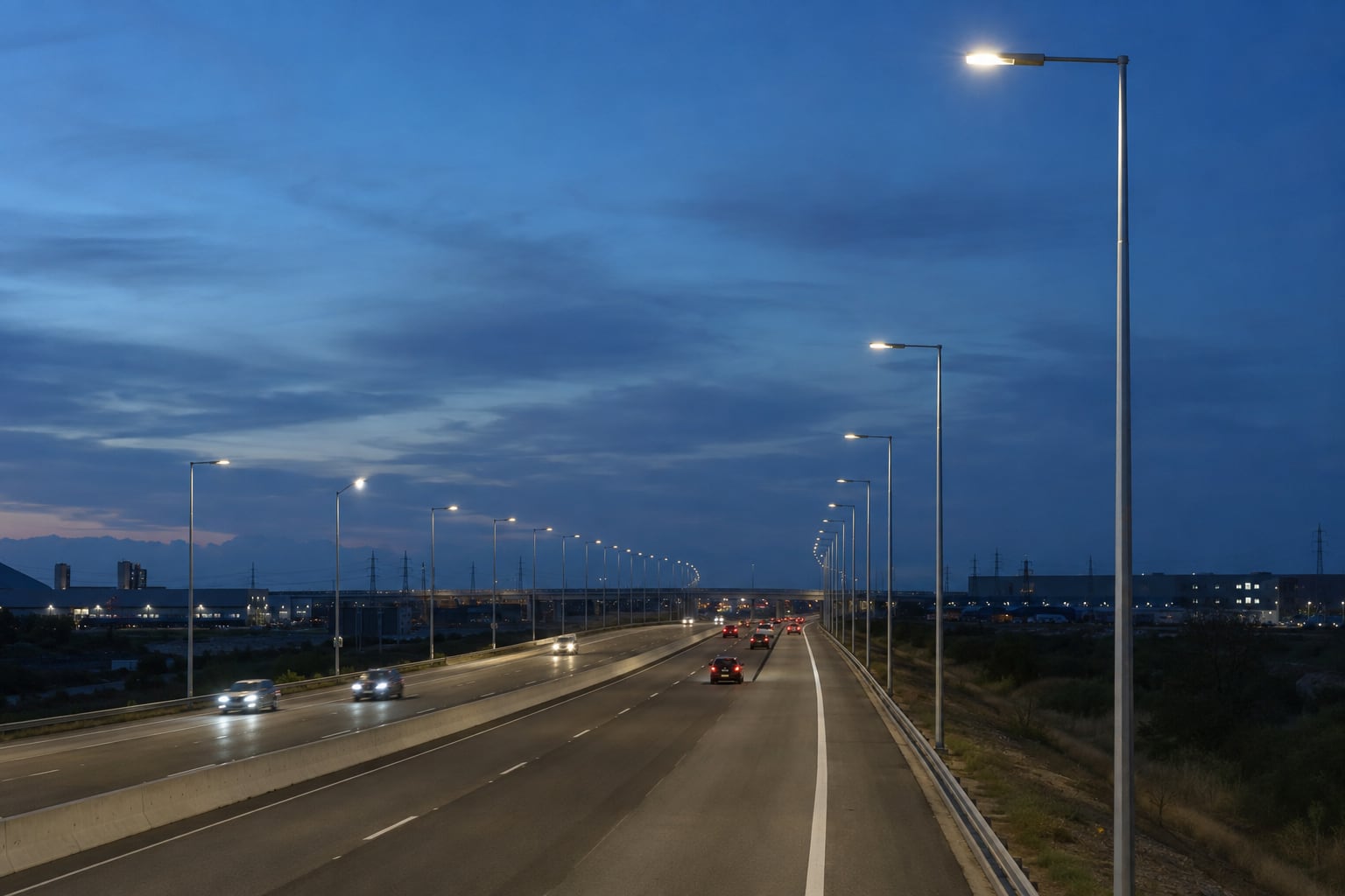15m galvanized highway lighting poles installed beside a multilane road