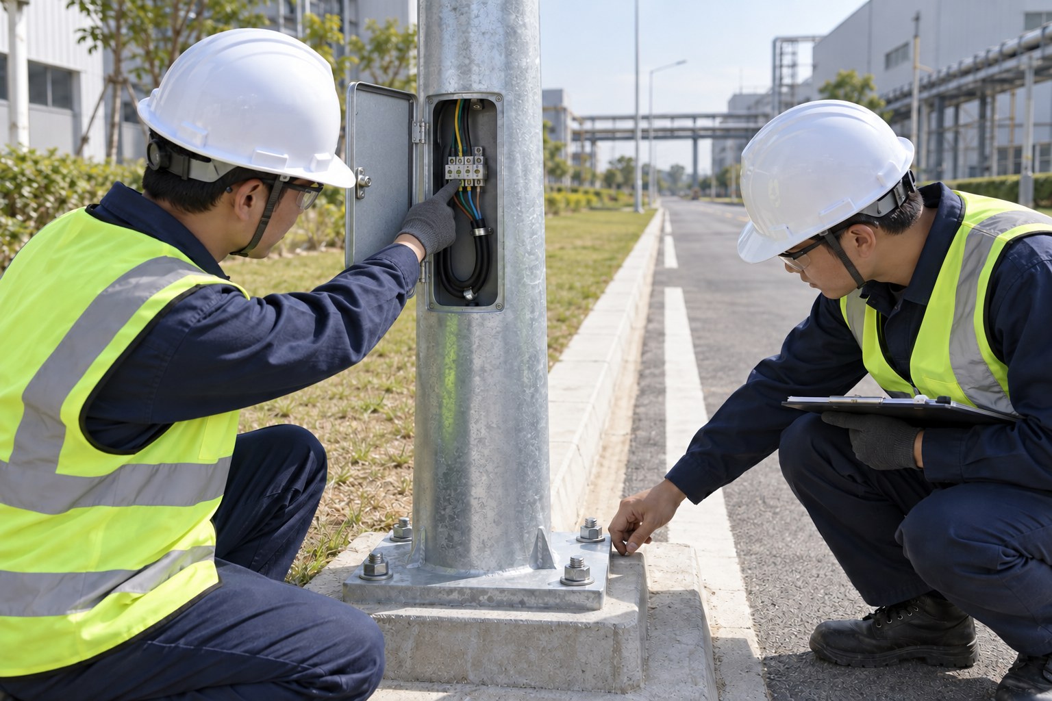 Technicians checking an industrial road lighting pole access compartment and base