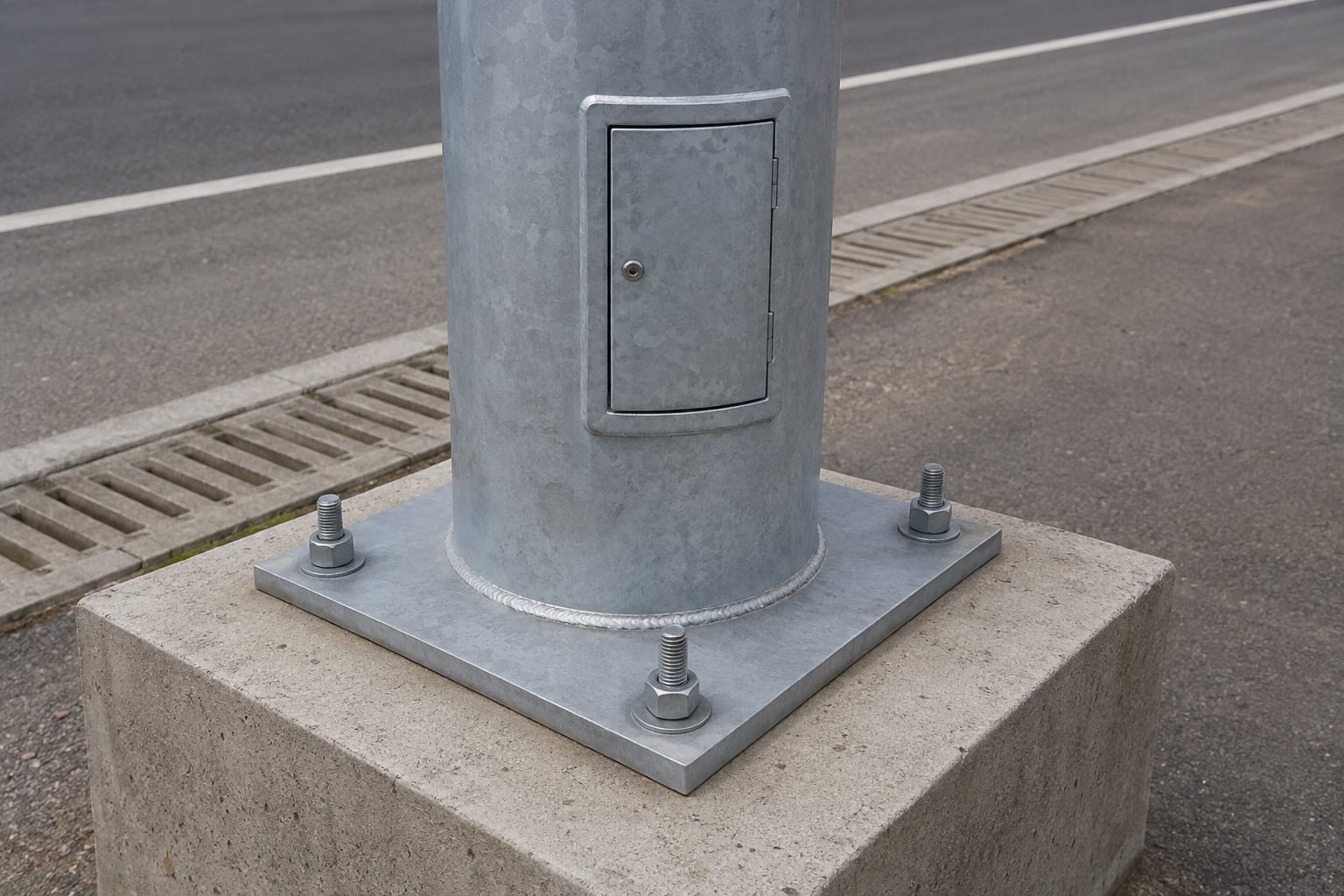 Square base plate and reinforced access door on a tall galvanized highway lighting pole