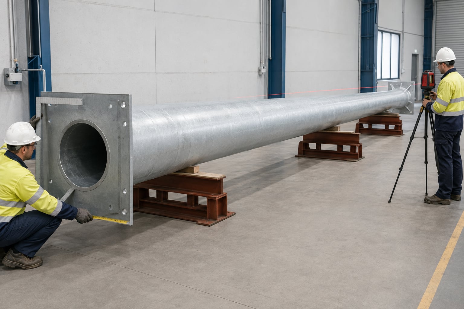 Technicians checking straightness and dimensions of a tall highway lighting pole shaft