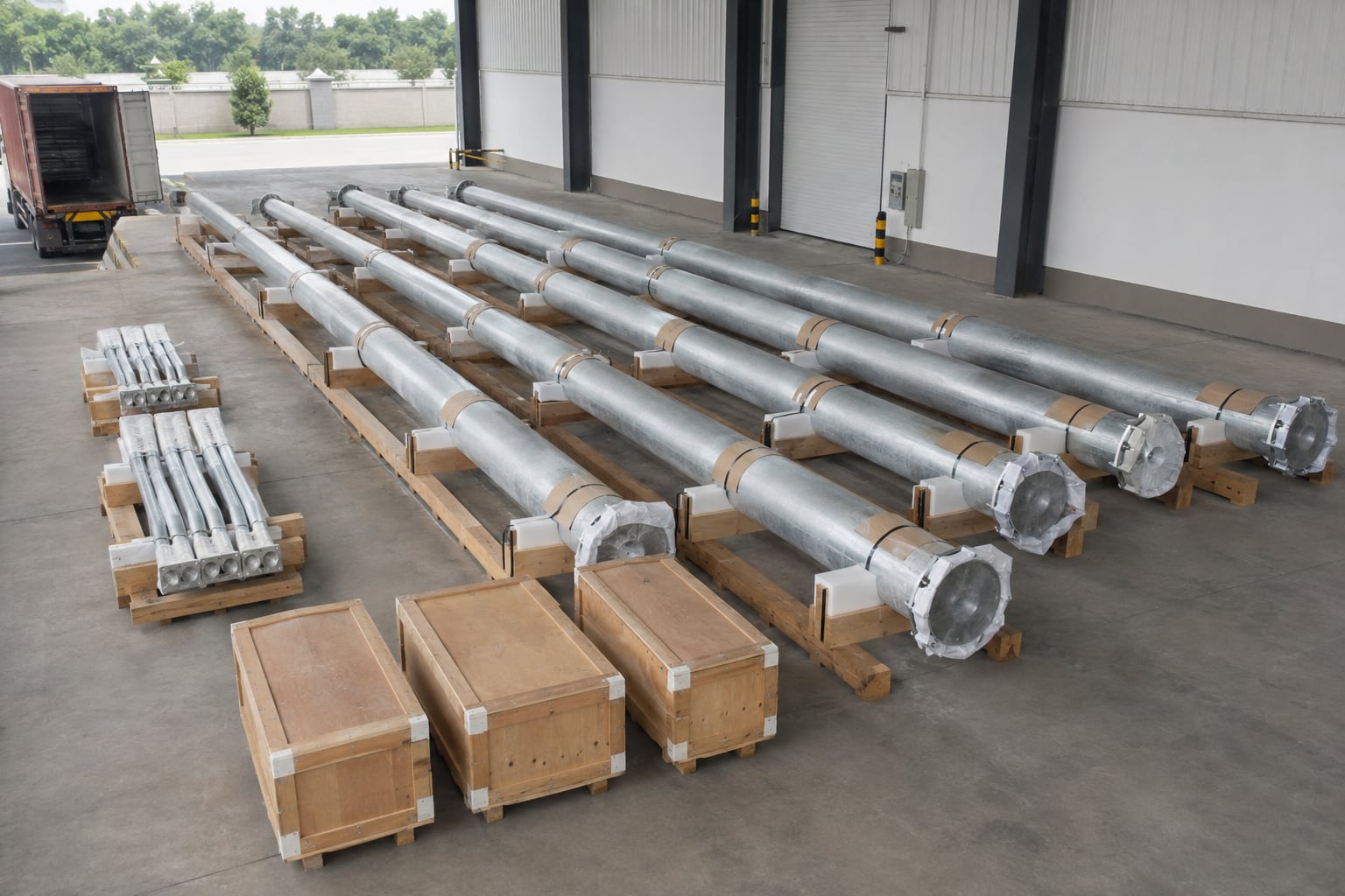 Straight 15m highway light pole sections secured in organized export bundles