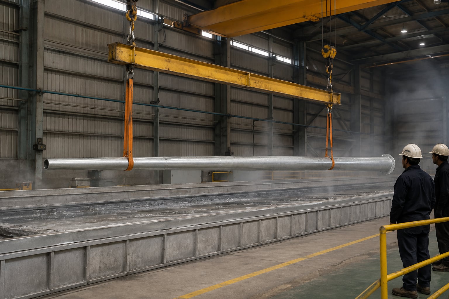 Straight 15m steel lighting pole shaft handled with balanced slings during galvanizing