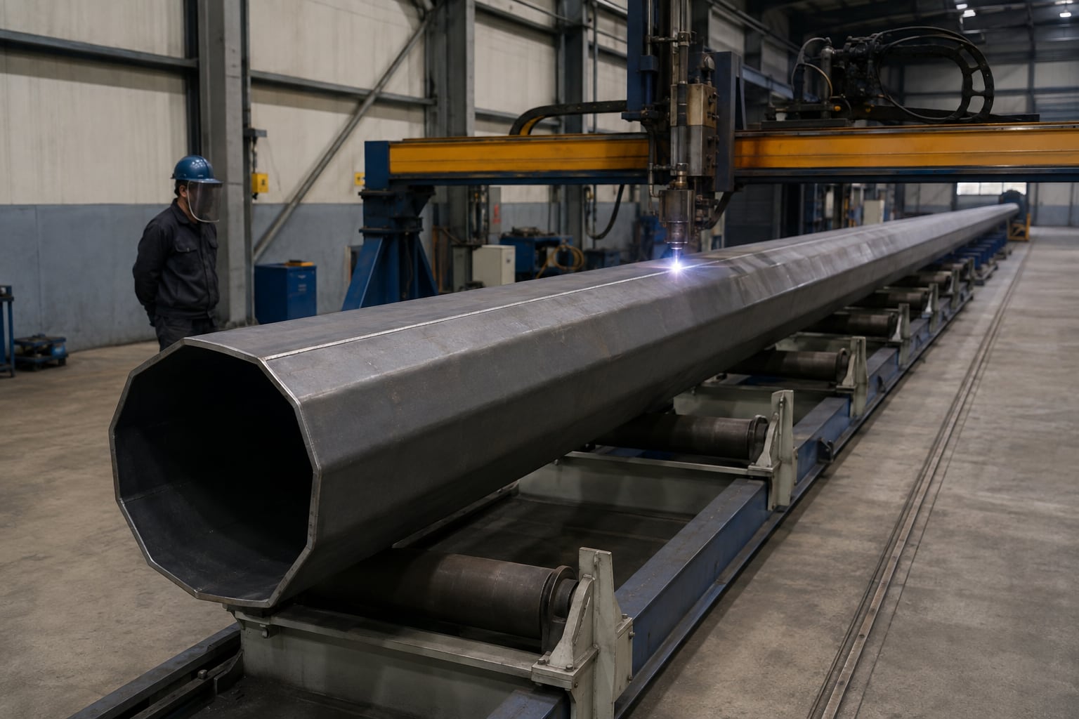 Controlled longitudinal seam welding on a straight polygonal 15m light pole shaft