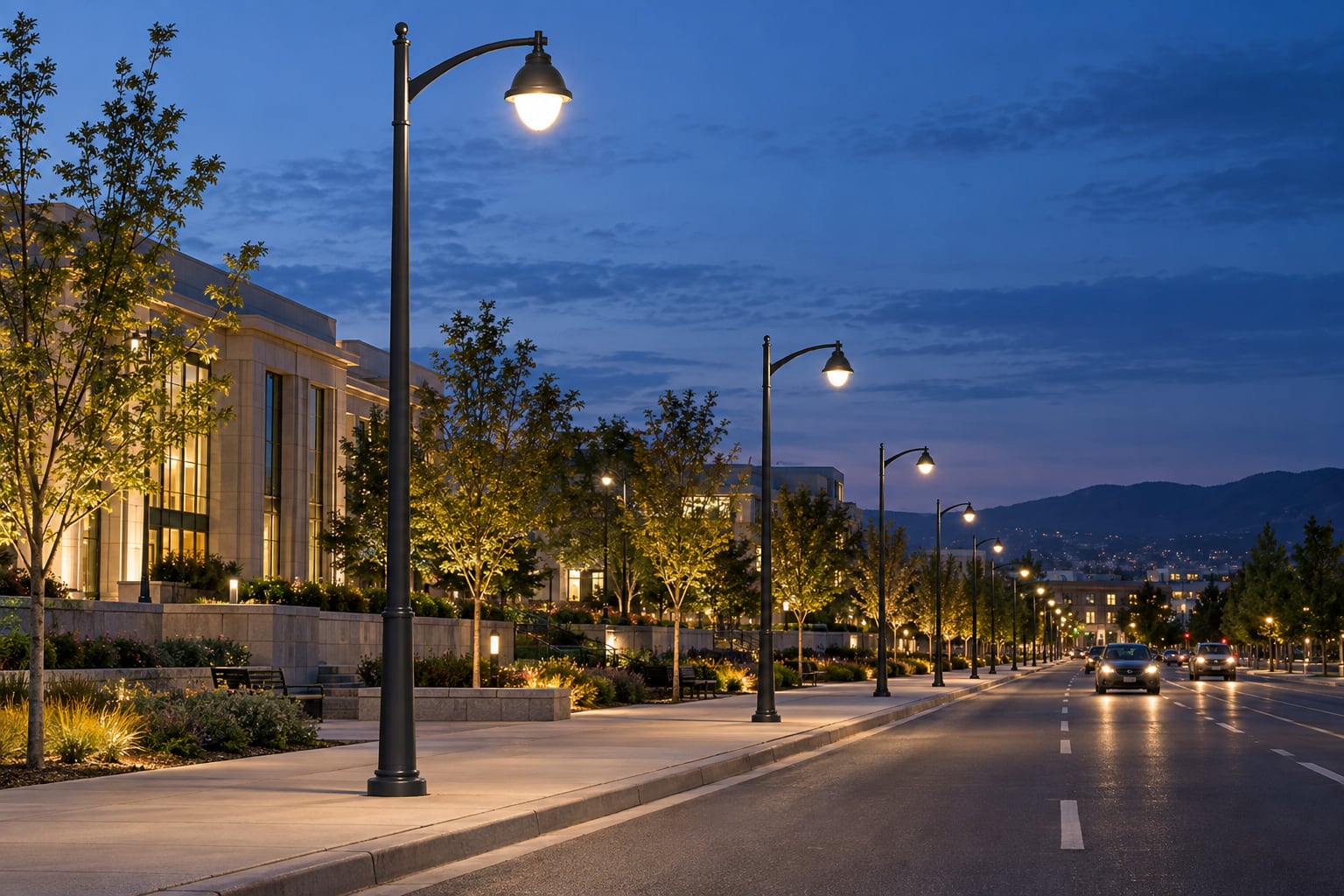 Decorative street light poles along a landscaped civic boulevard at blue hour
