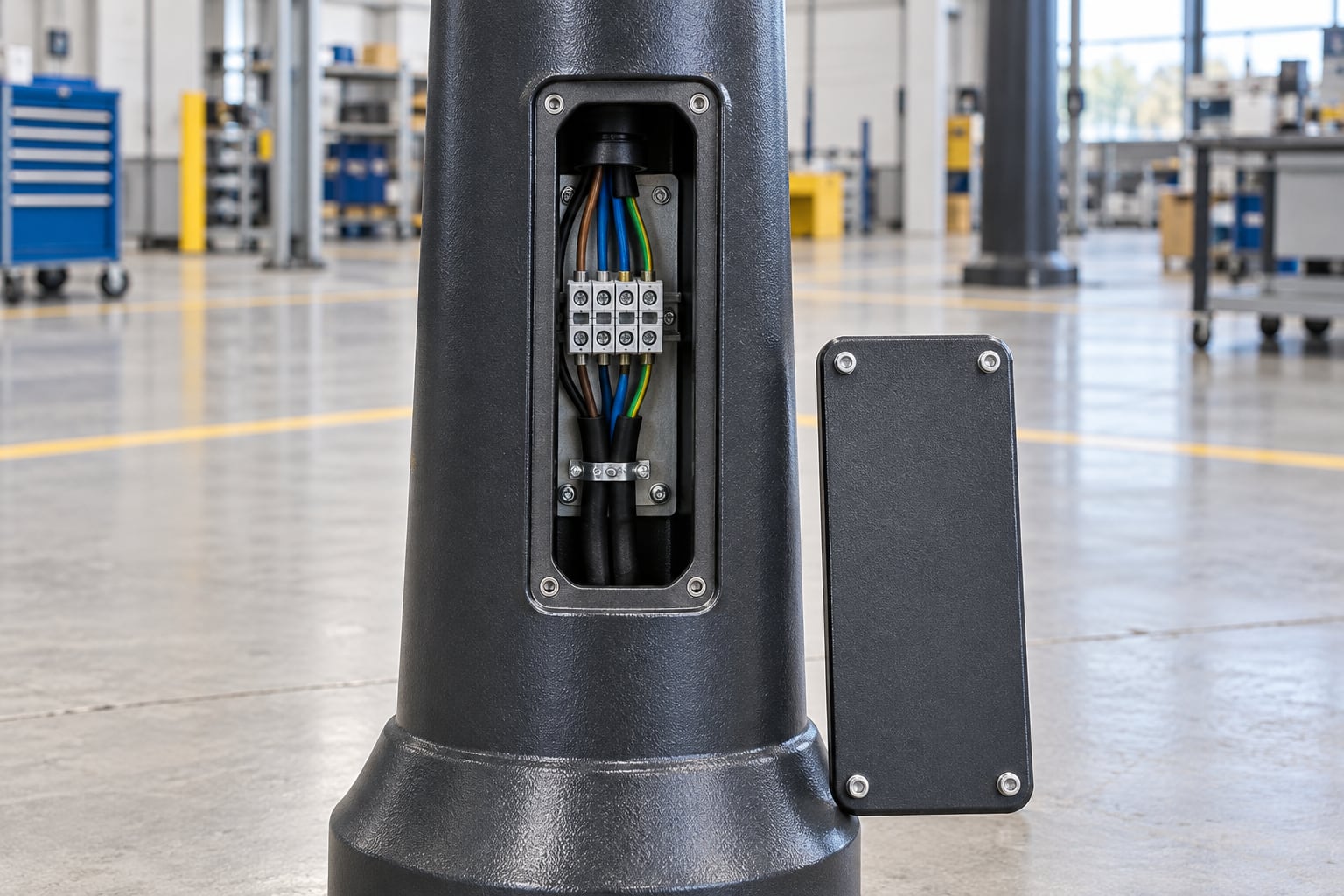 Decorative light pole electrical access opening with terminal block and matching door