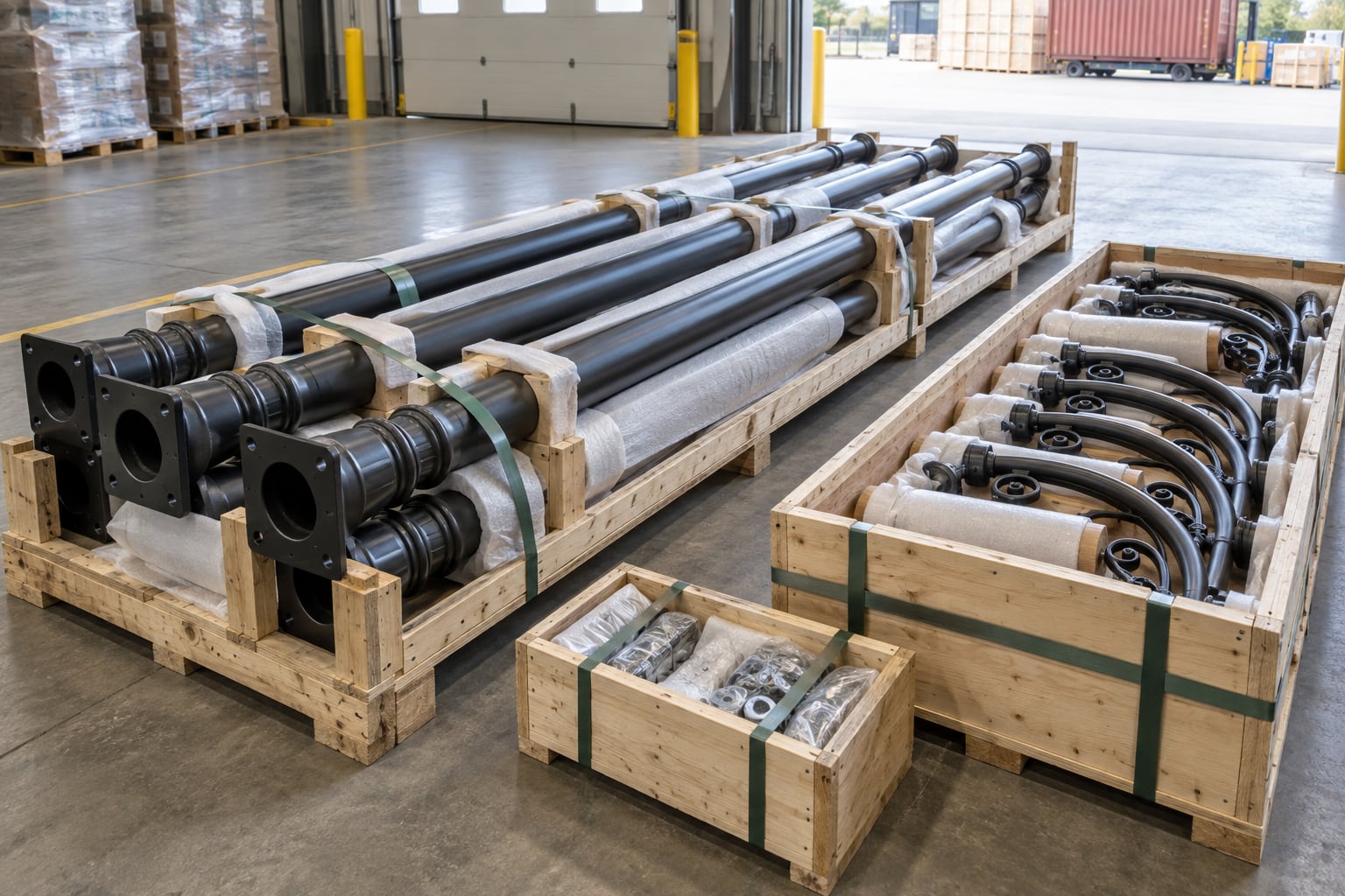 Decorative steel light pole shafts and curved arms protected for export packing