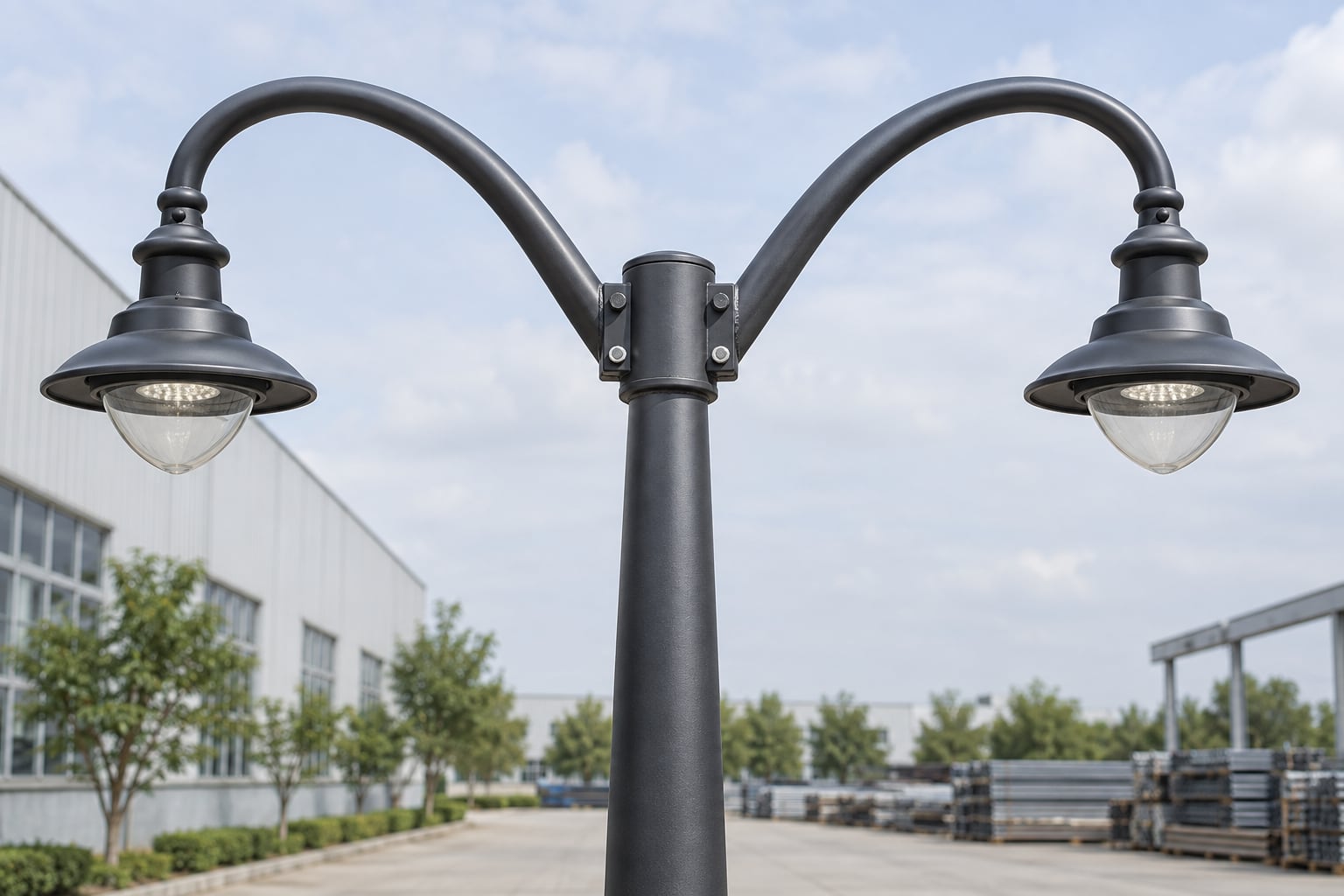Symmetric decorative twin arm and luminaire connection on a steel lighting pole