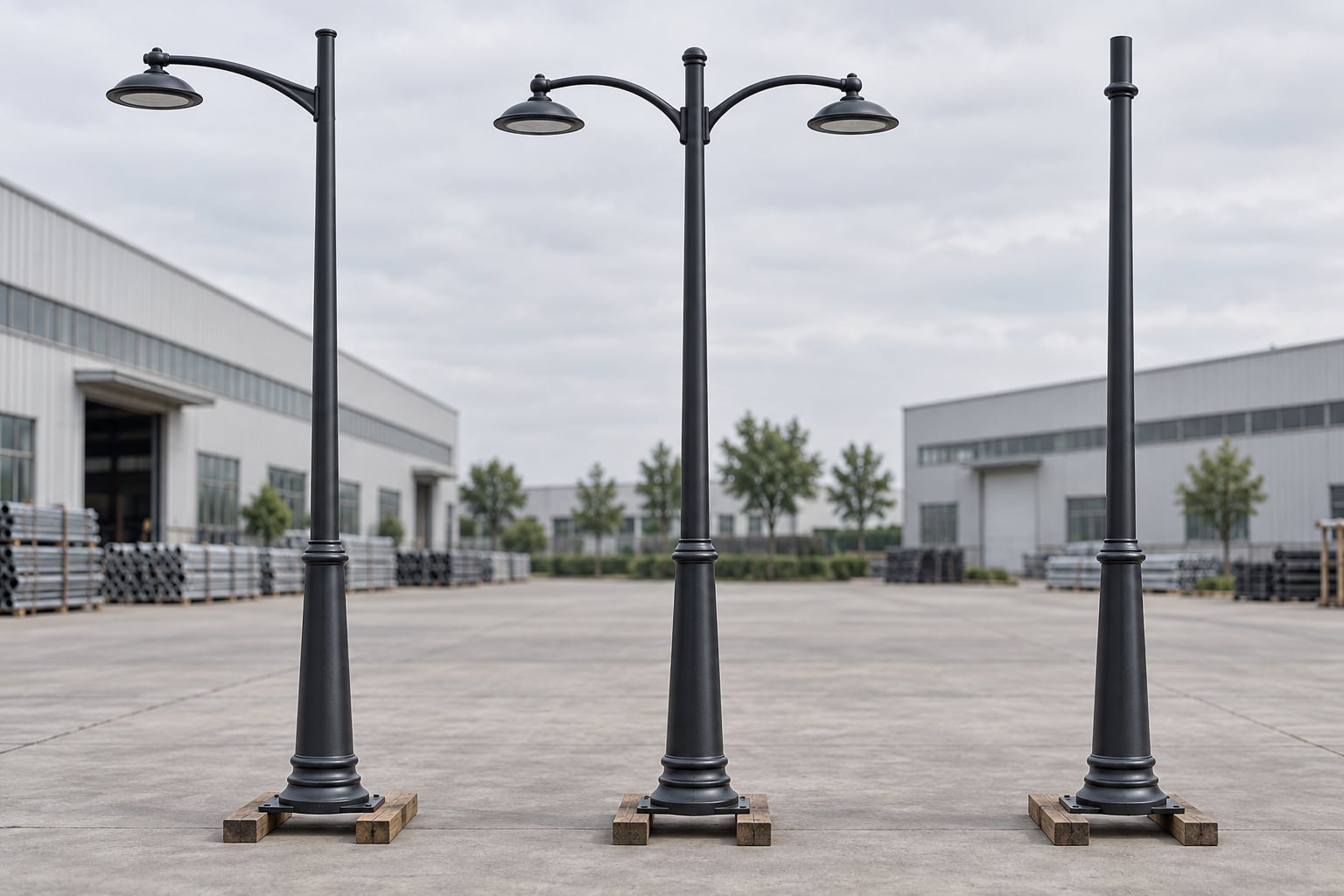 Three decorative galvanized steel light pole configurations in a factory yard