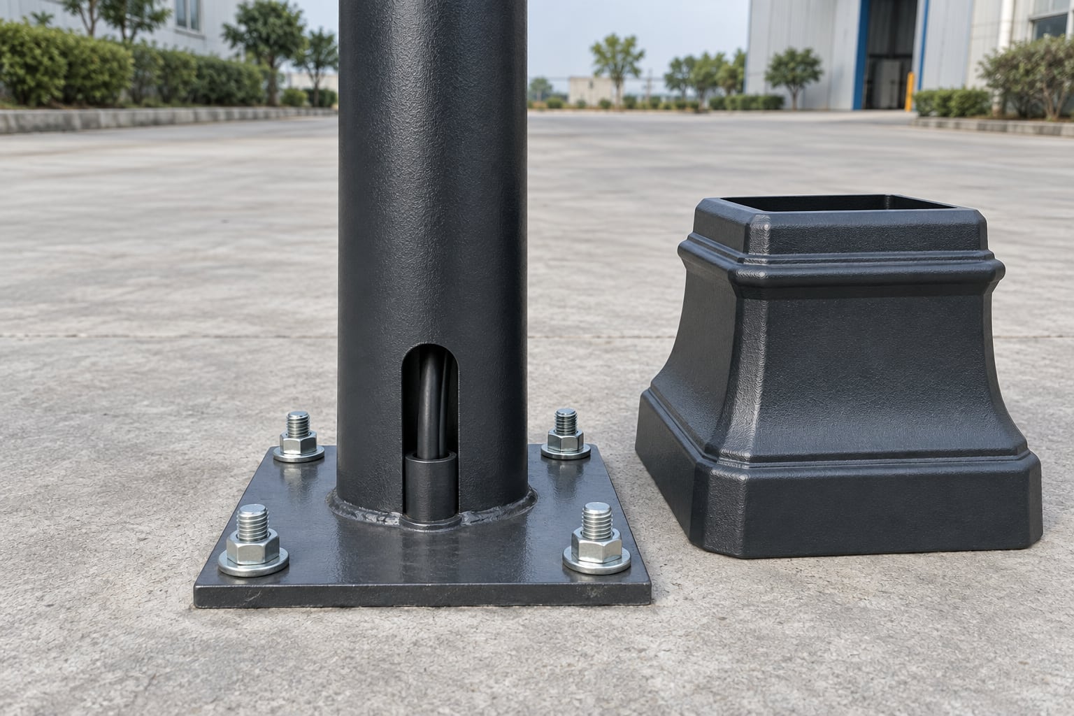 Decorative street light pole base plate, anchors and removable cover