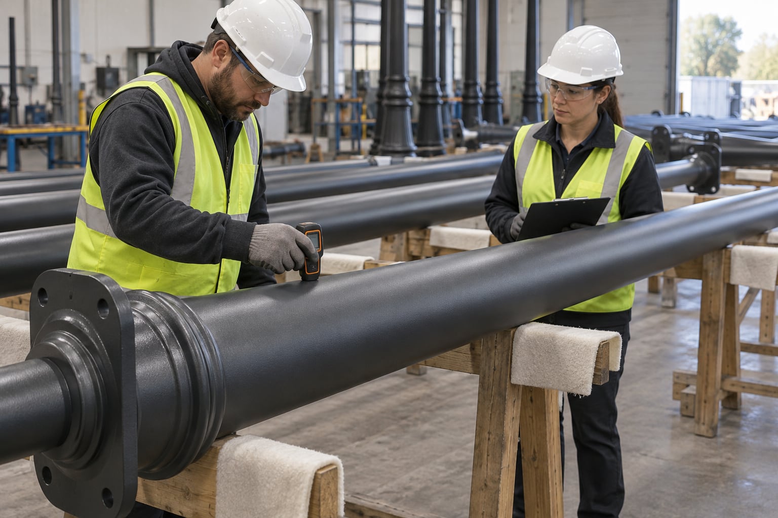 Technicians inspecting the finish of decorative steel lighting poles