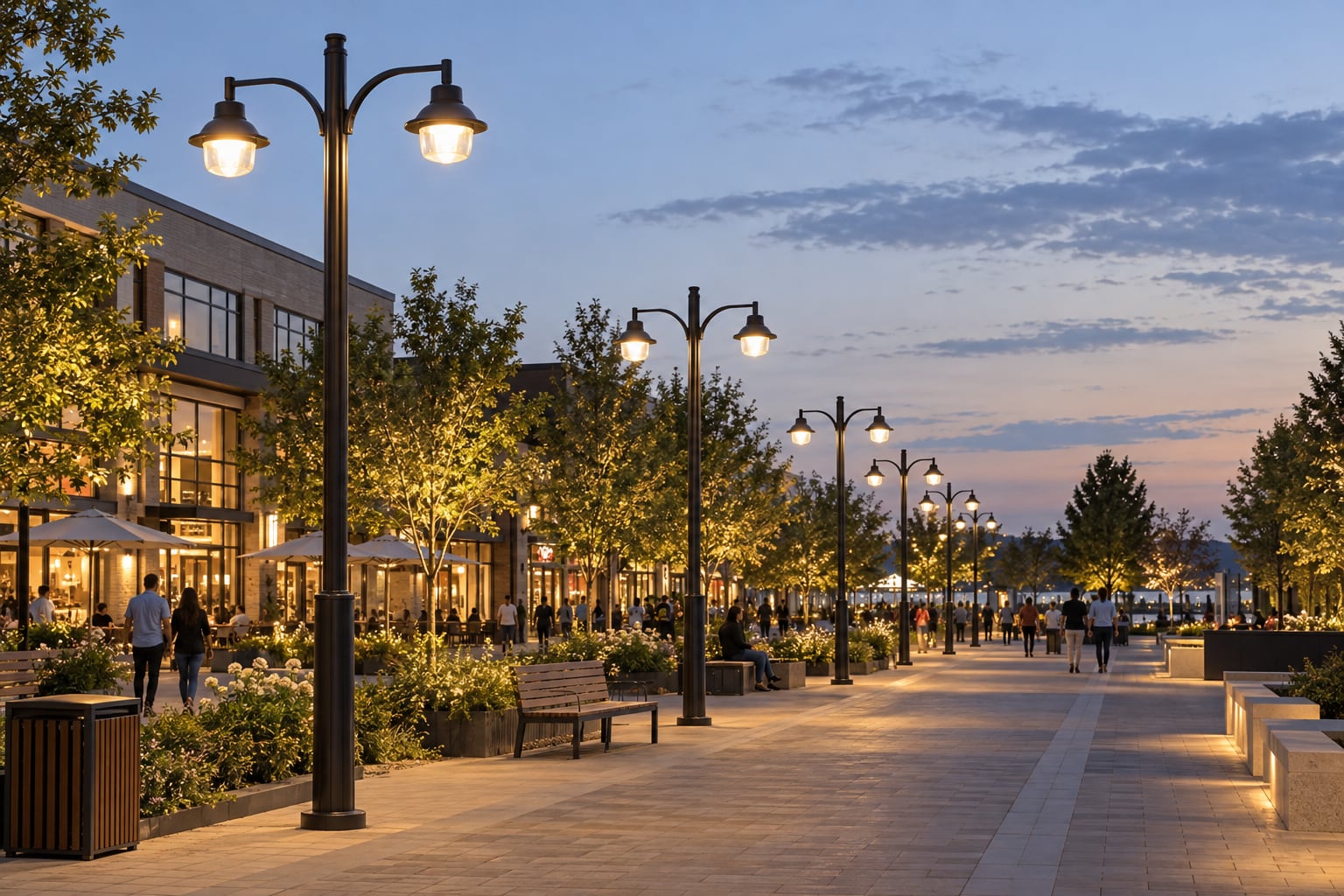 Repeated decorative steel light poles illuminating a public plaza at dusk