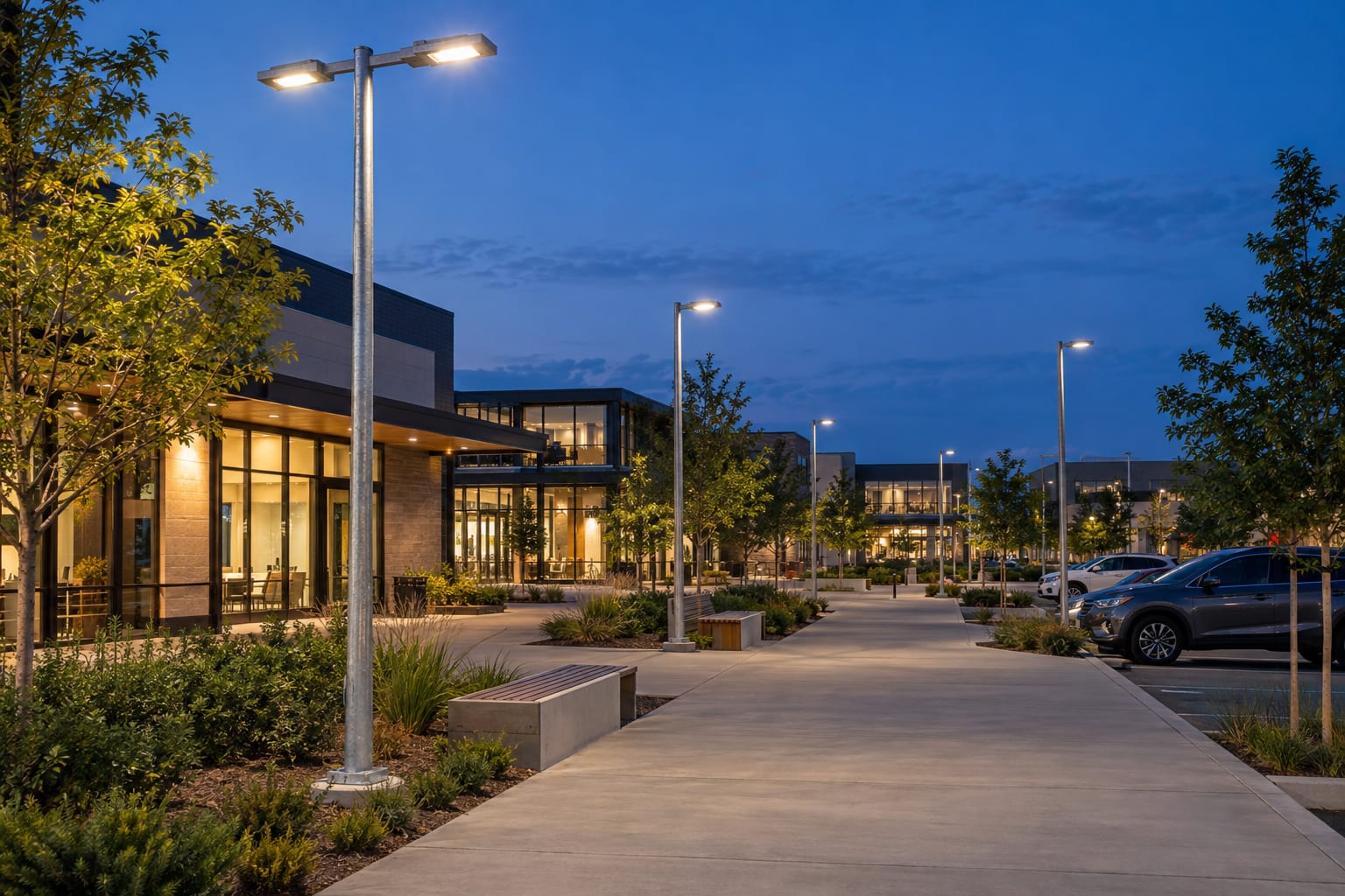 Correctly proportioned galvanized street light poles installed along a divided commercial road