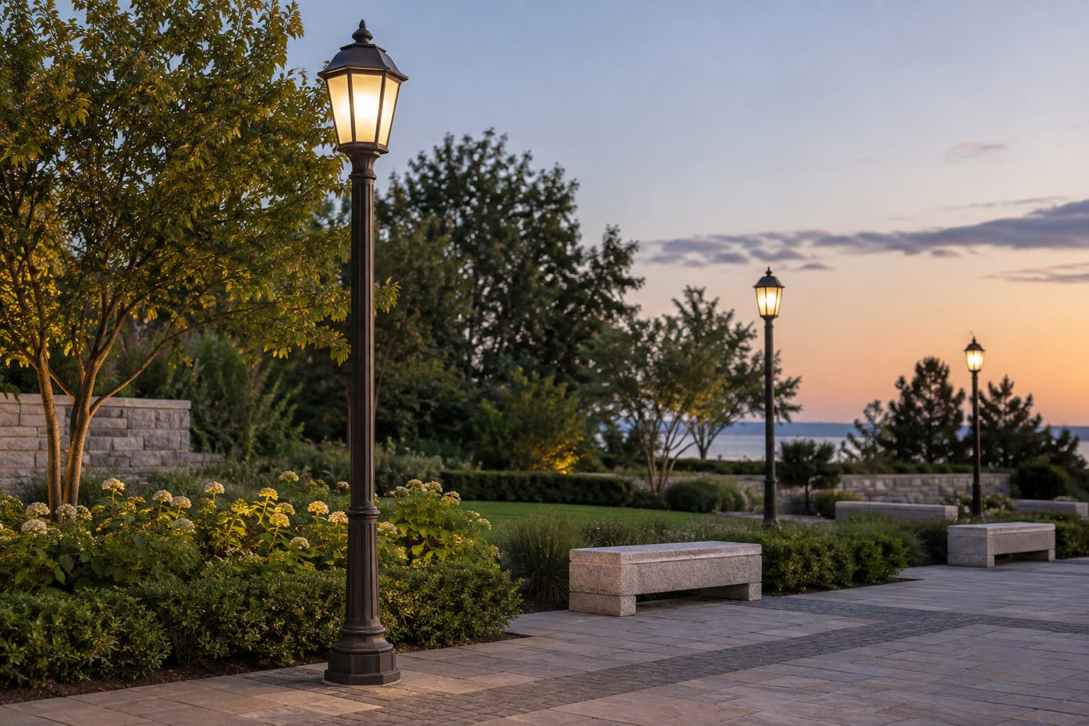 Four-hole galvanized street light pole base plate beside a matching four-rod anchor cage