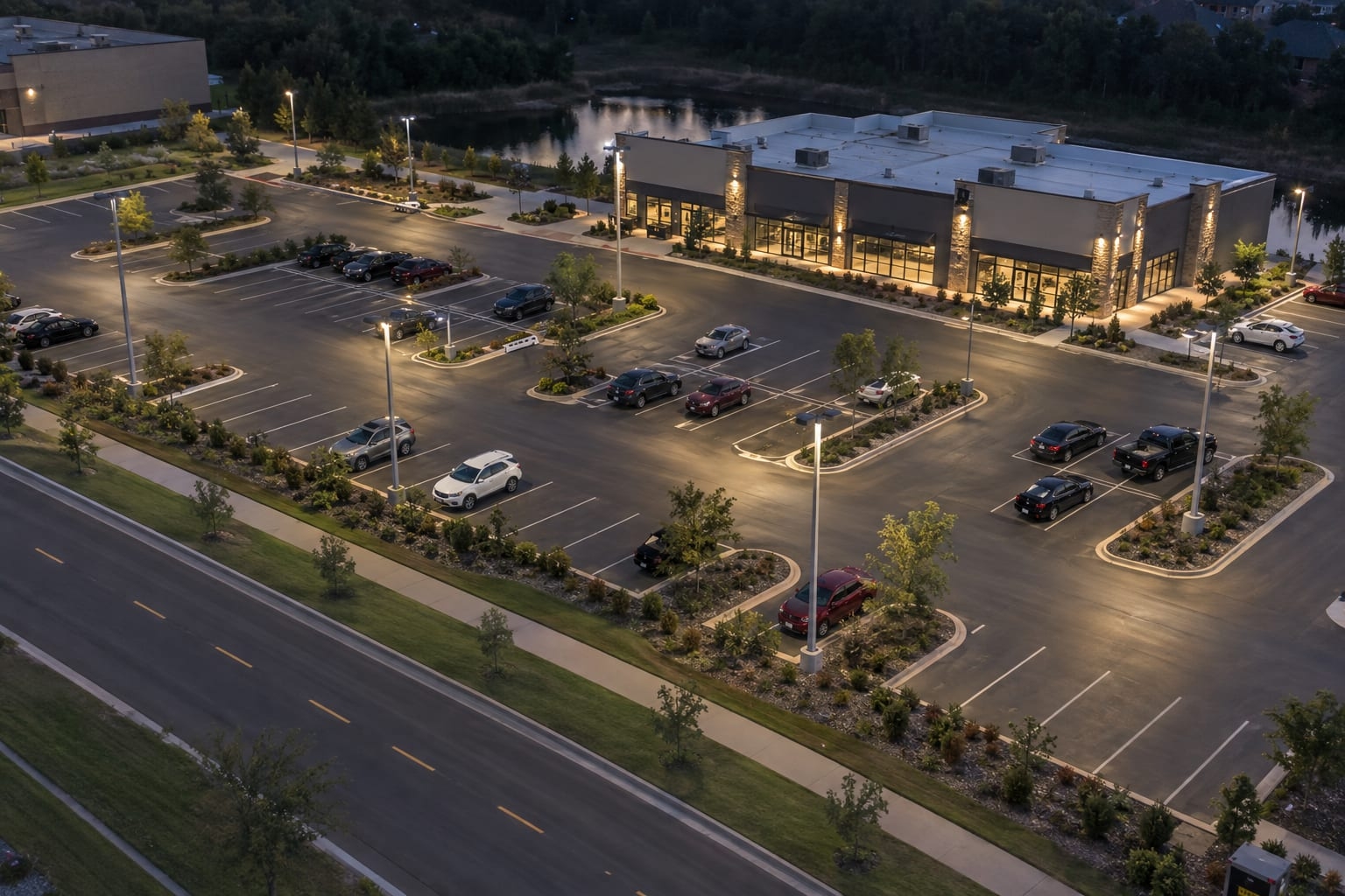 Oblique aerial view of perimeter and center-island parking lot lighting poles outside vehicle paths