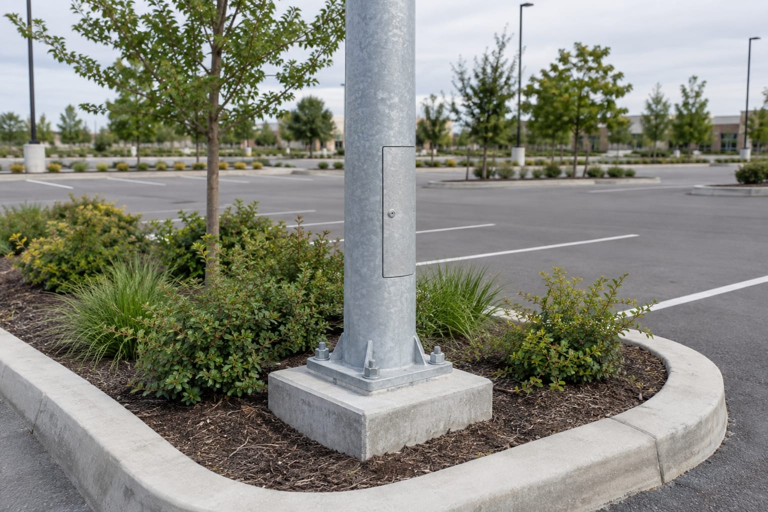 Galvanized parking lot light pole base plate and service door protected inside a curbed landscape island