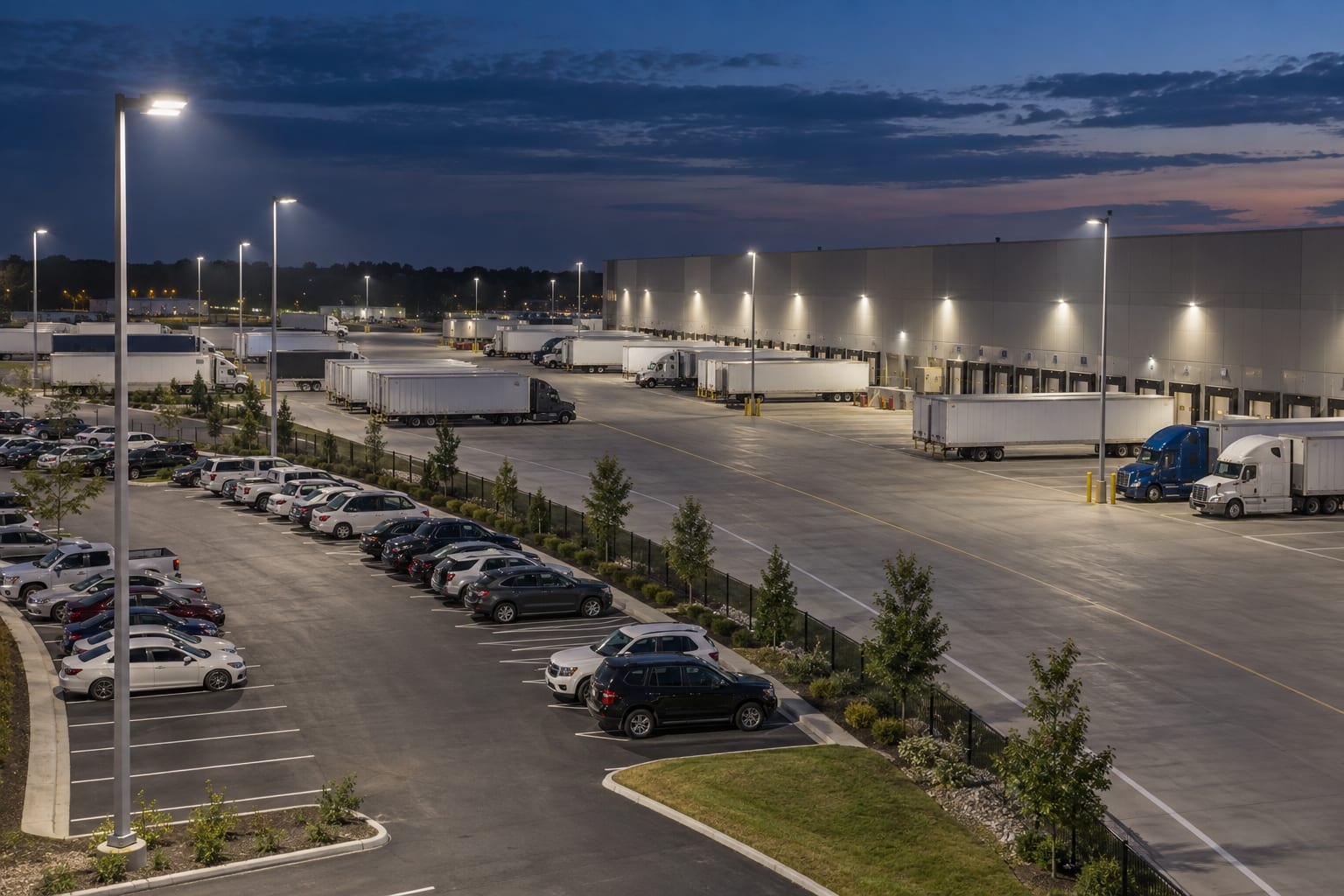 Galvanized area-lighting poles serving separate employee parking and truck staging zones at a logistics facility
